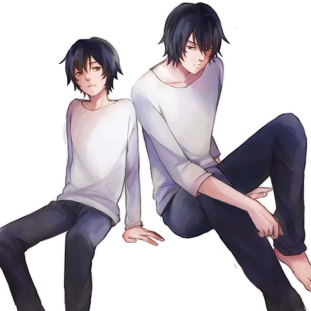 Wolf Children 桌布 壁紙 — 兩個動畫男孩背對背坐著，穿著簡單的衣服，背景是純白色，帶有柔和的陰影。