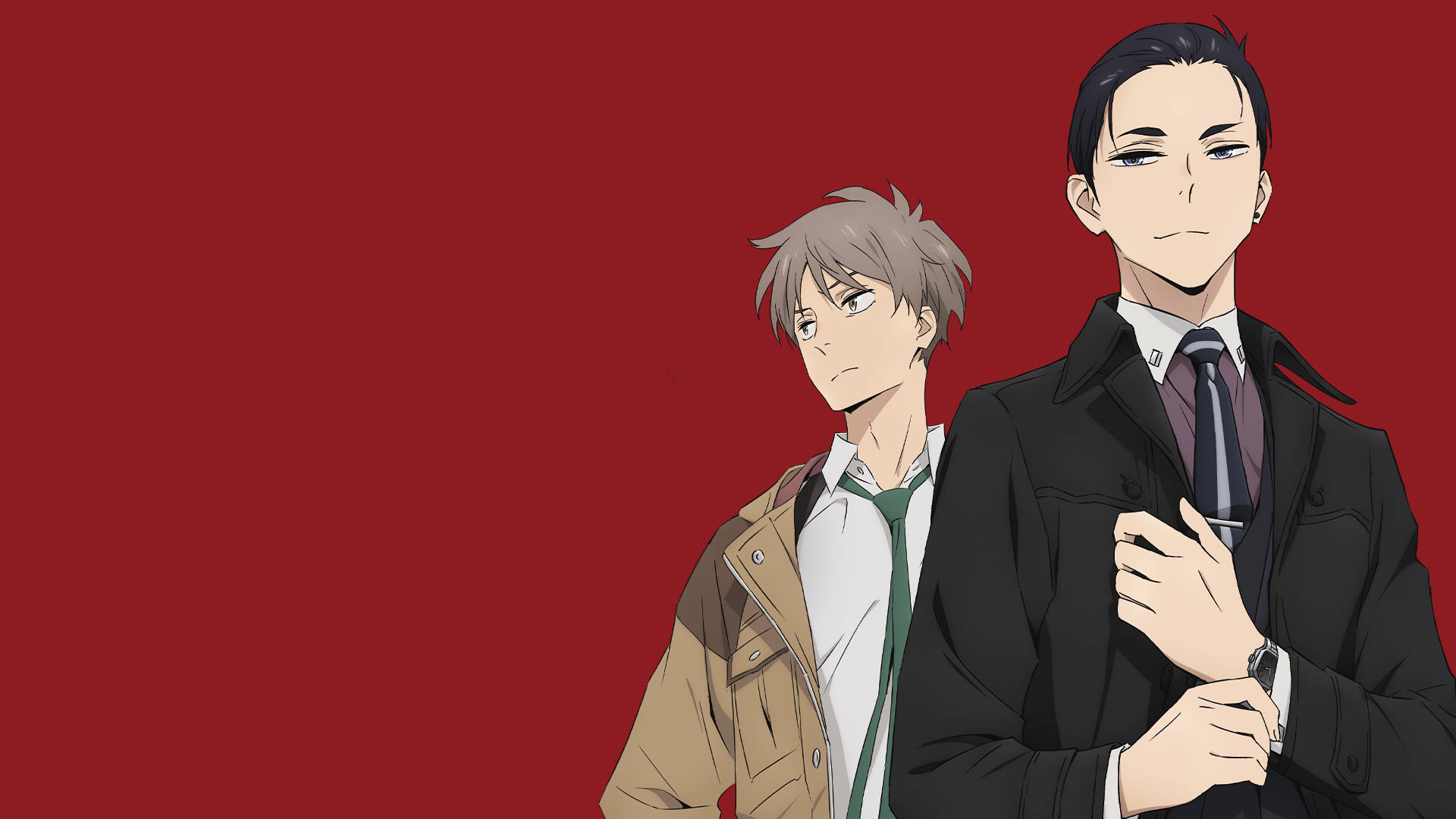 daisuke kambe 桌布 壁紙 — 兩個動畫男性站在純紅色背景前，一個穿著棕褐色外套，另一個穿著黑色西裝打領帶。