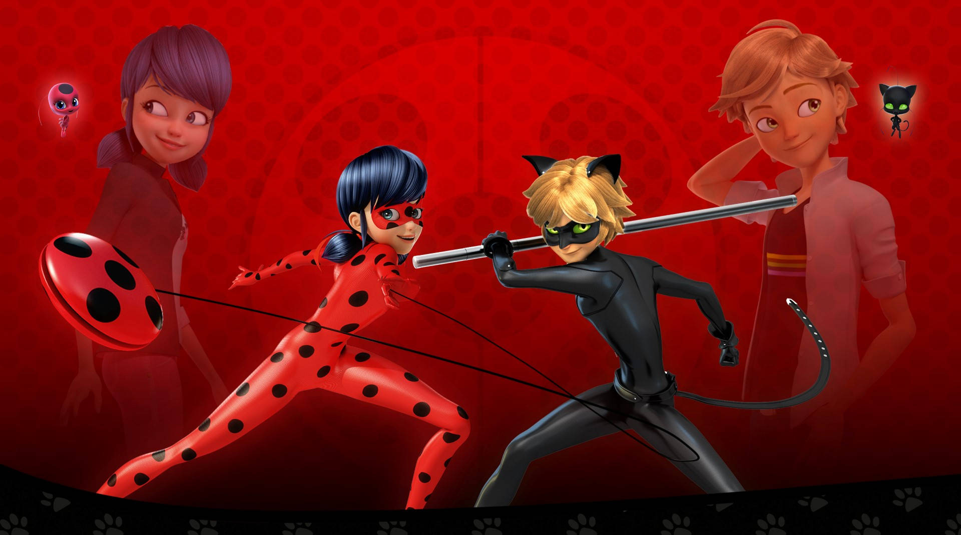 ladybug and cat noir kiss 桌布 壁紙 — 兩個動畫英雄穿著紅色和黑色套裝，在充滿浮動角色的鮮紅色背景上揮舞武器交鋒。