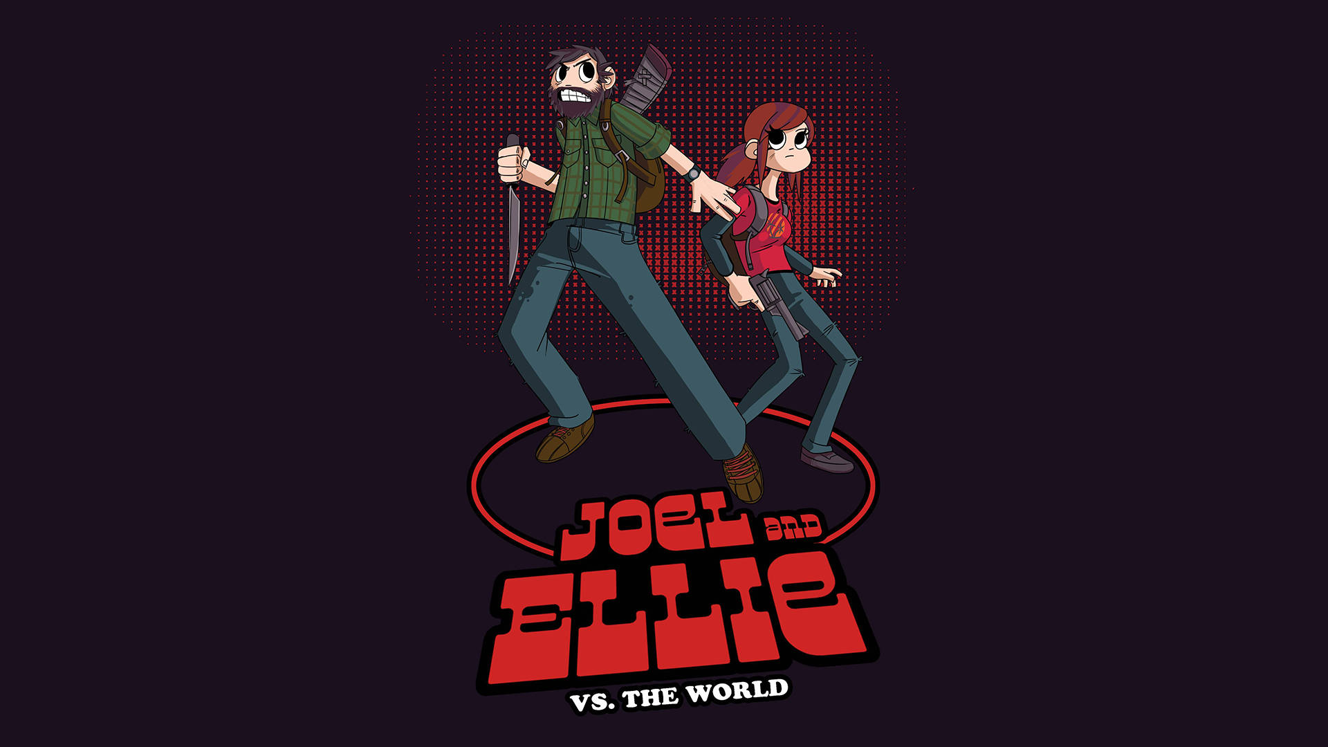 US 桌布 壁紙 — 兩個動畫角色 Joel 和 Ellie 在黑暗背景中手持武器向前奔跑，背景有紅色點狀圖案和粗體紅色標題文字。