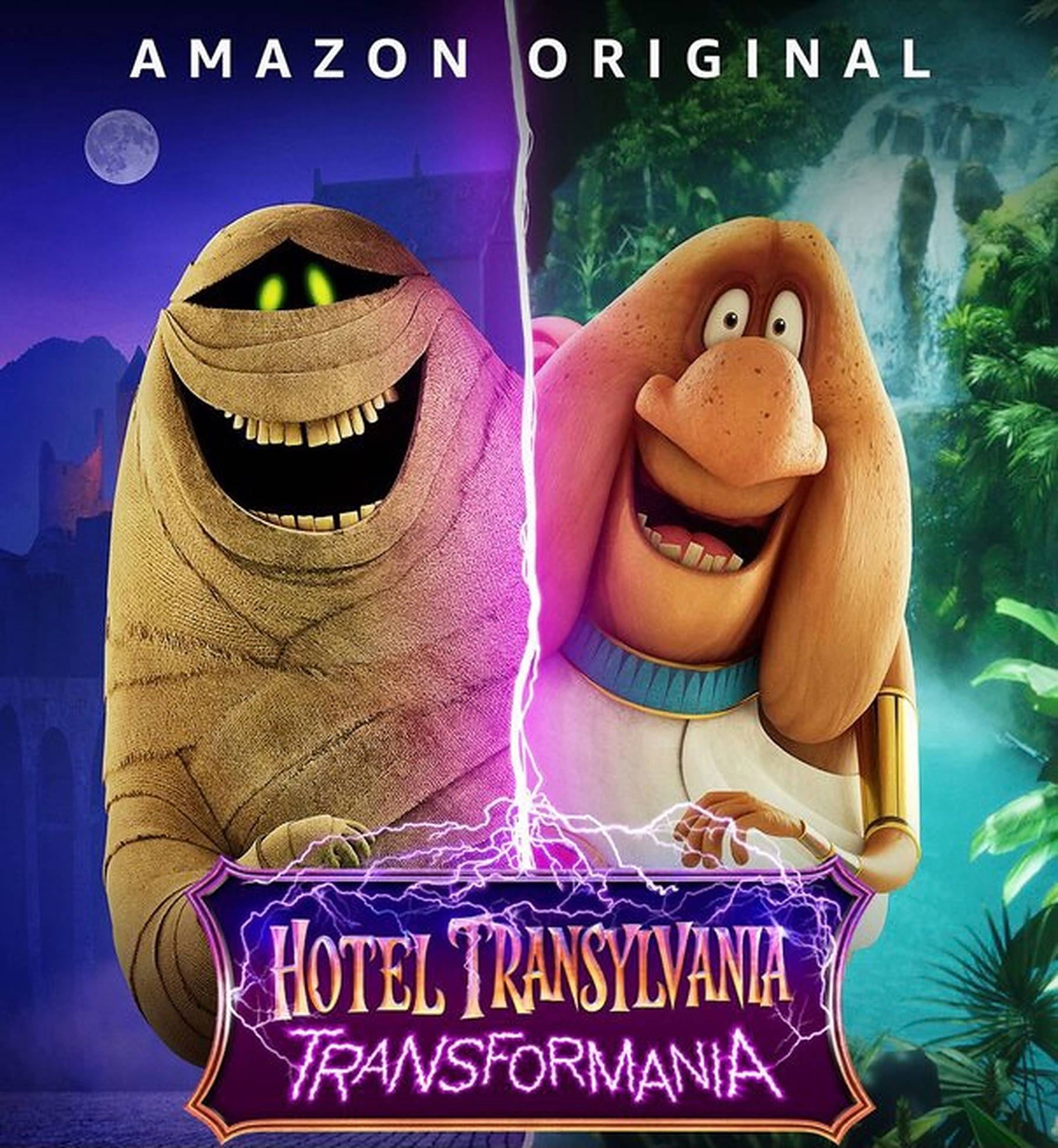 hotel transylvania transformania 桌布 壁紙 — 兩個動畫角色，一個木乃伊和一個吸血鬼，在月光下的叢林背景下對峙，閃電將畫面一分為二。