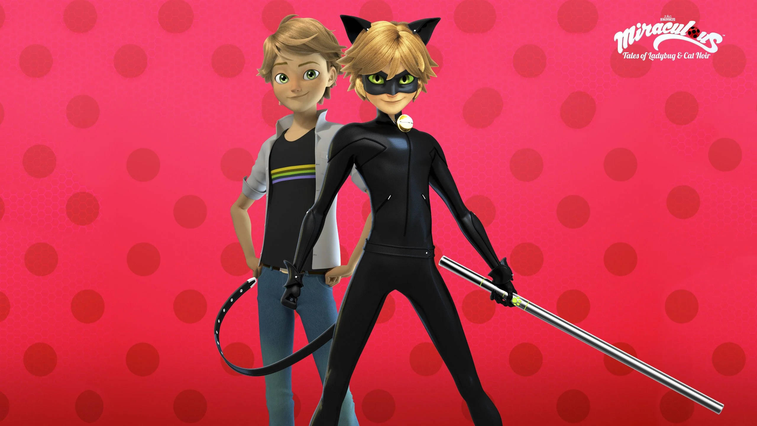 Adrien 桌布 壁紙 — 兩個動畫角色，一個穿著黑色貓咪服裝手持法杖，另一個穿著休閒服裝，站在粉紅色圓點背景前。