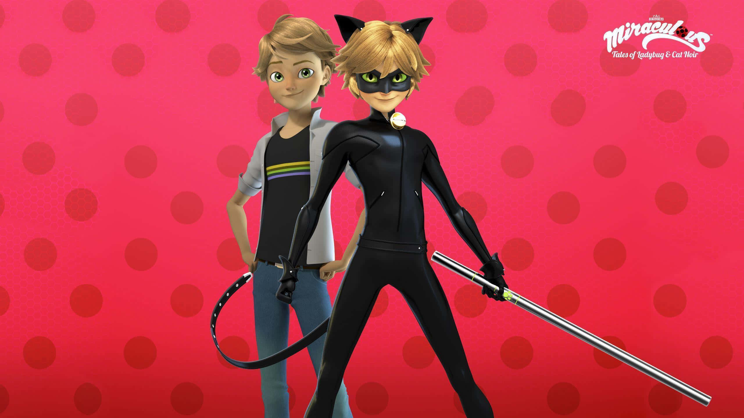 Chat Noir 桌布 壁紙 — 兩個動畫角色，一個穿著黑色貓英雄服裝手持法杖，另一個穿著休閒服裝，站在粉紅色圓點背景前。