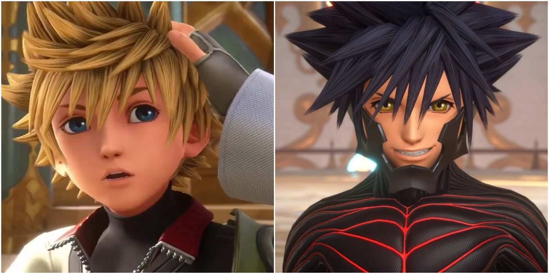 Kingdom Hearts Ventus 桌布 壁紙 — 兩個動畫角色，一個金髮藍眼，另一個黑色刺蝟頭，黑色西裝上有紅色發光線條。