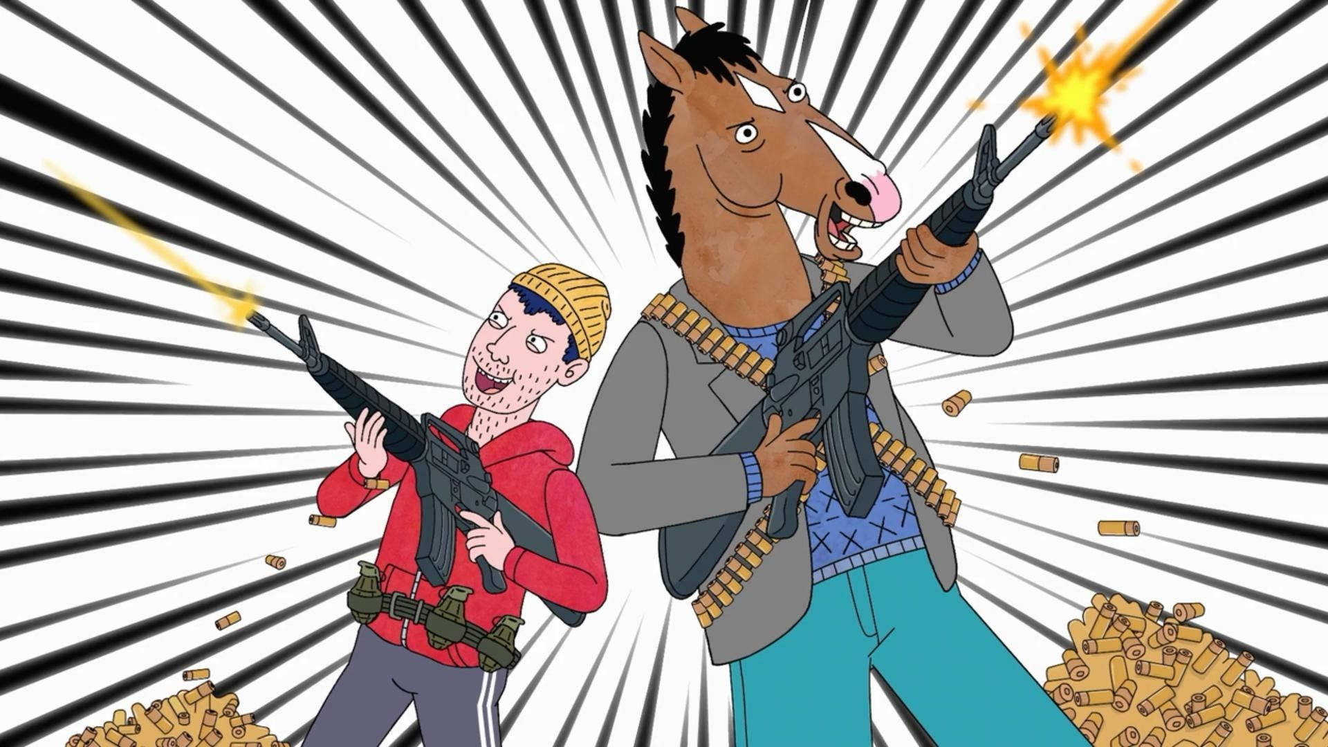 bojack 桌布 壁紙 — 兩個動畫角色，一個馬頭和一個人形，都在射擊步槍，彈殼飛舞，背景是黑白放射狀爆發。