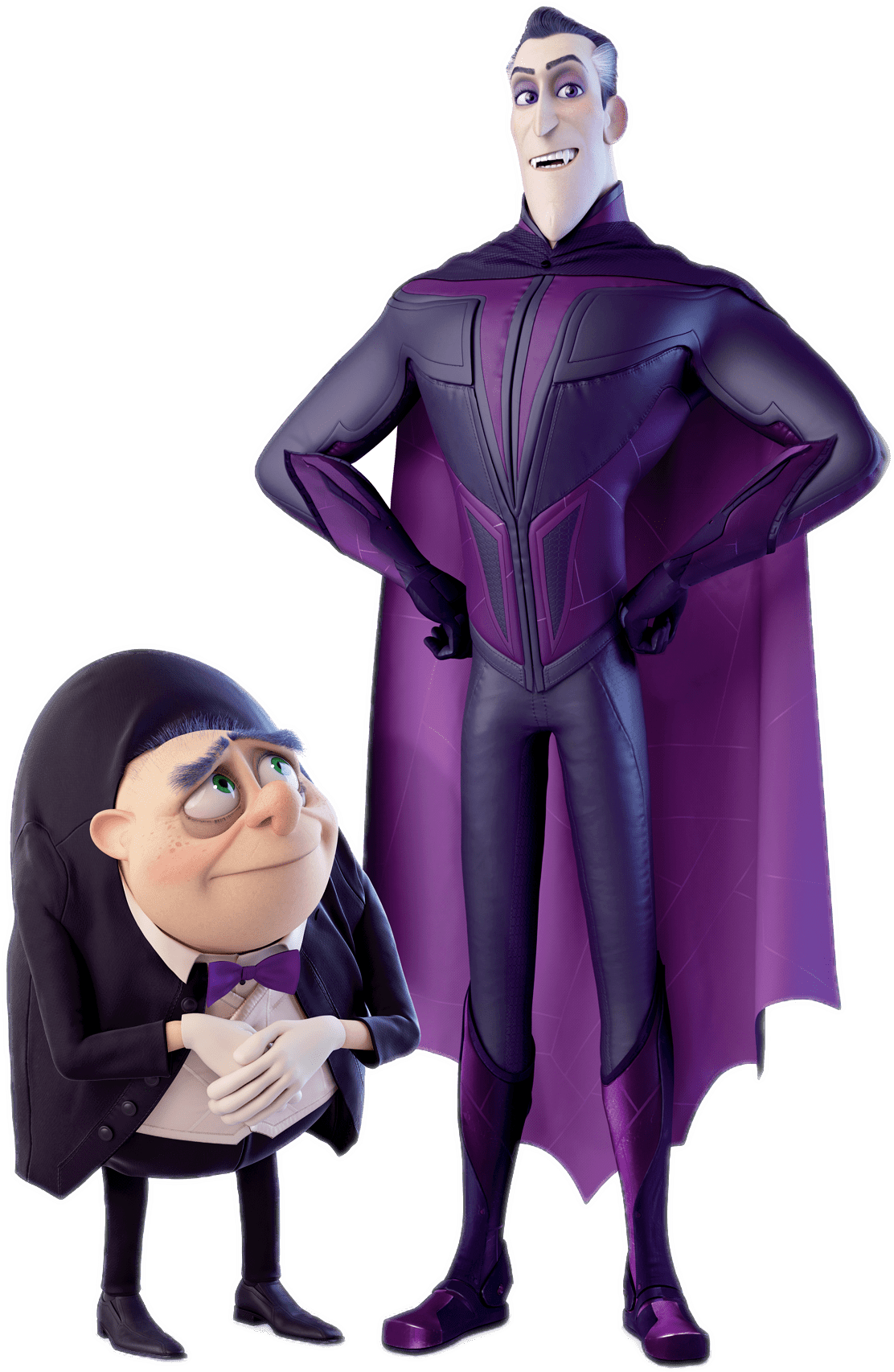 Cartoon Characters 桌布 壁紙 — 兩個動畫角色，一個高大穿著紫色西裝和斗篷，另一個矮小穿著黑色西裝和領結，站在黑色背景前。