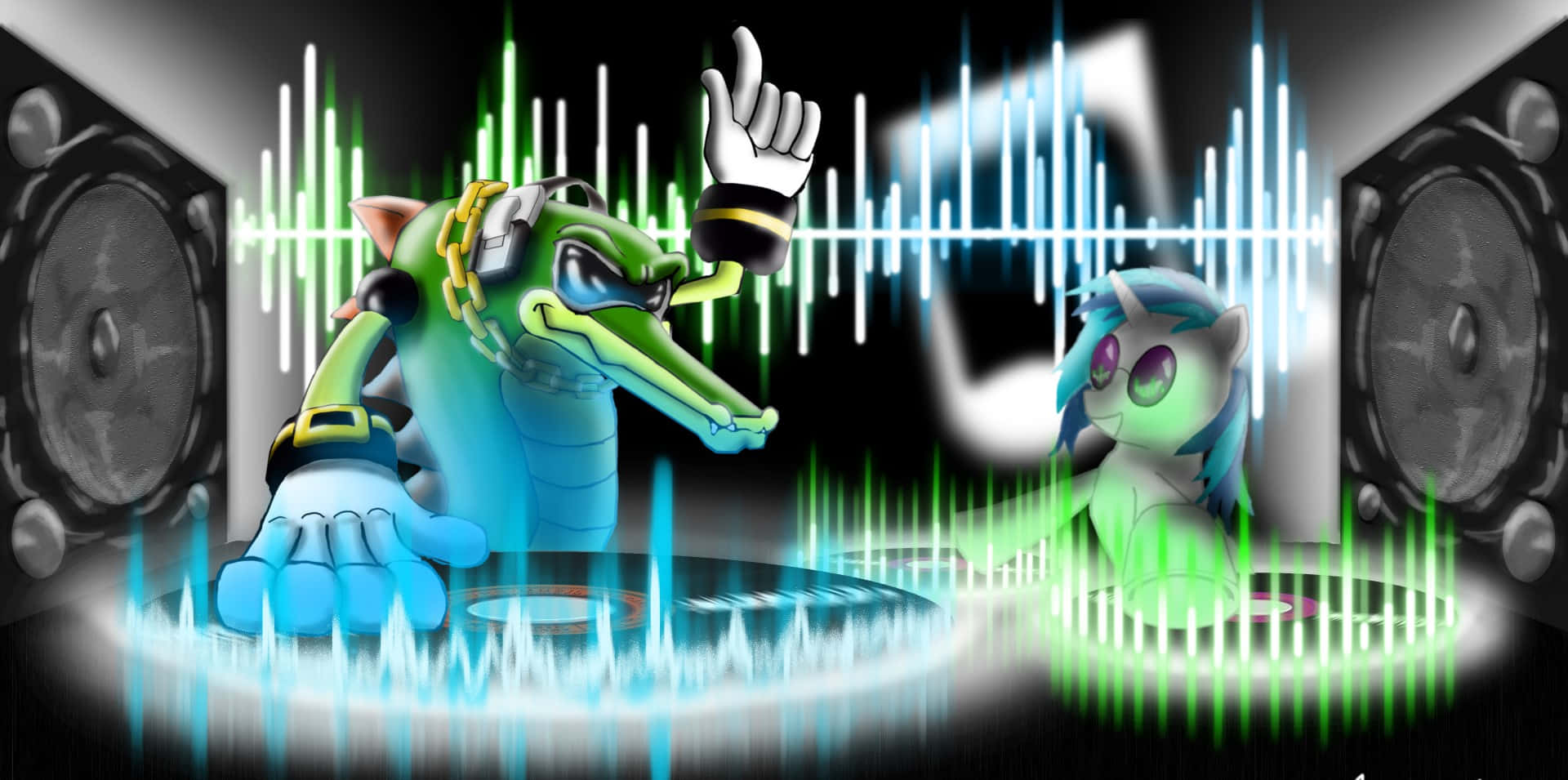 Vector The Crocodile 桌布 壁紙 — 兩個動畫角色，一隻鱷魚和一隻小馬，在巨大的揚聲器之間用發光的唱盤和聲波視覺效果打碟。