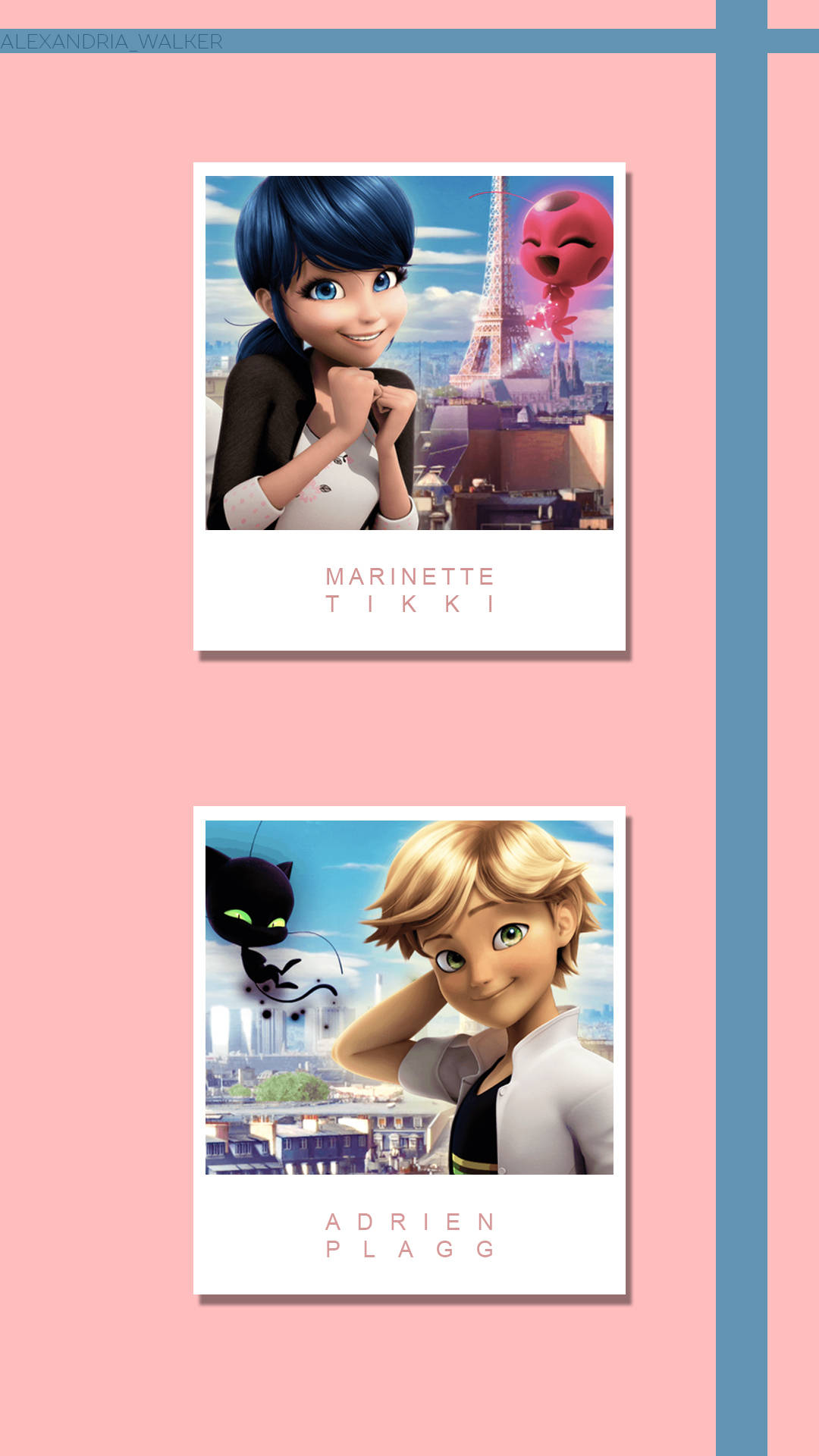 Marinette 桌布 壁紙 — 兩個動畫角色Marinette和Adrien在粉紅色背景上以巴黎天際線和他們的動物夥伴在拍立得框架中擺姿勢。