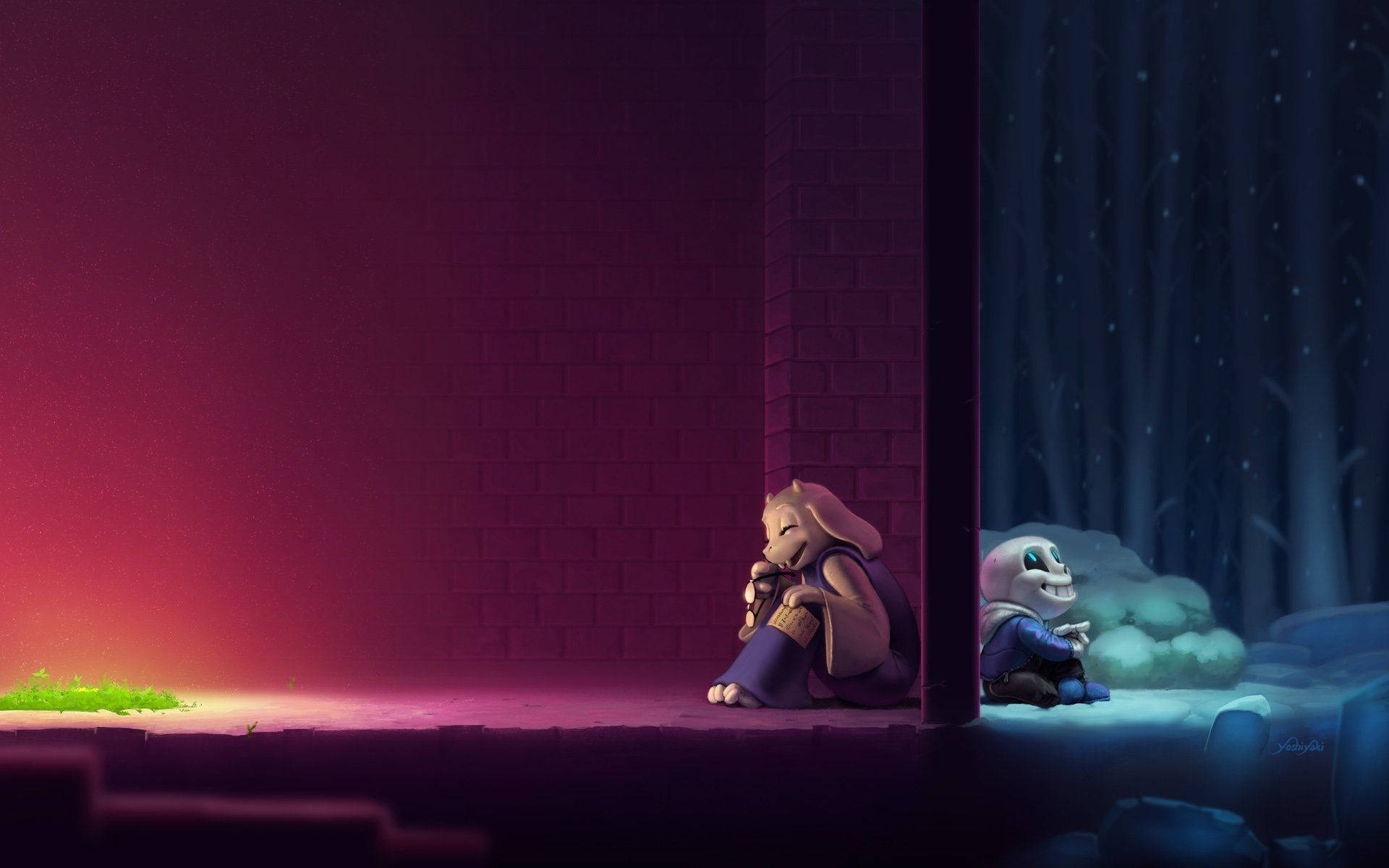 Undertale 桌布 壁紙 — 兩個動畫角色並排坐在燈光昏暗的小巷中，一個在溫暖的紅光中，另一個在冷藍光中，共享寧靜時刻。