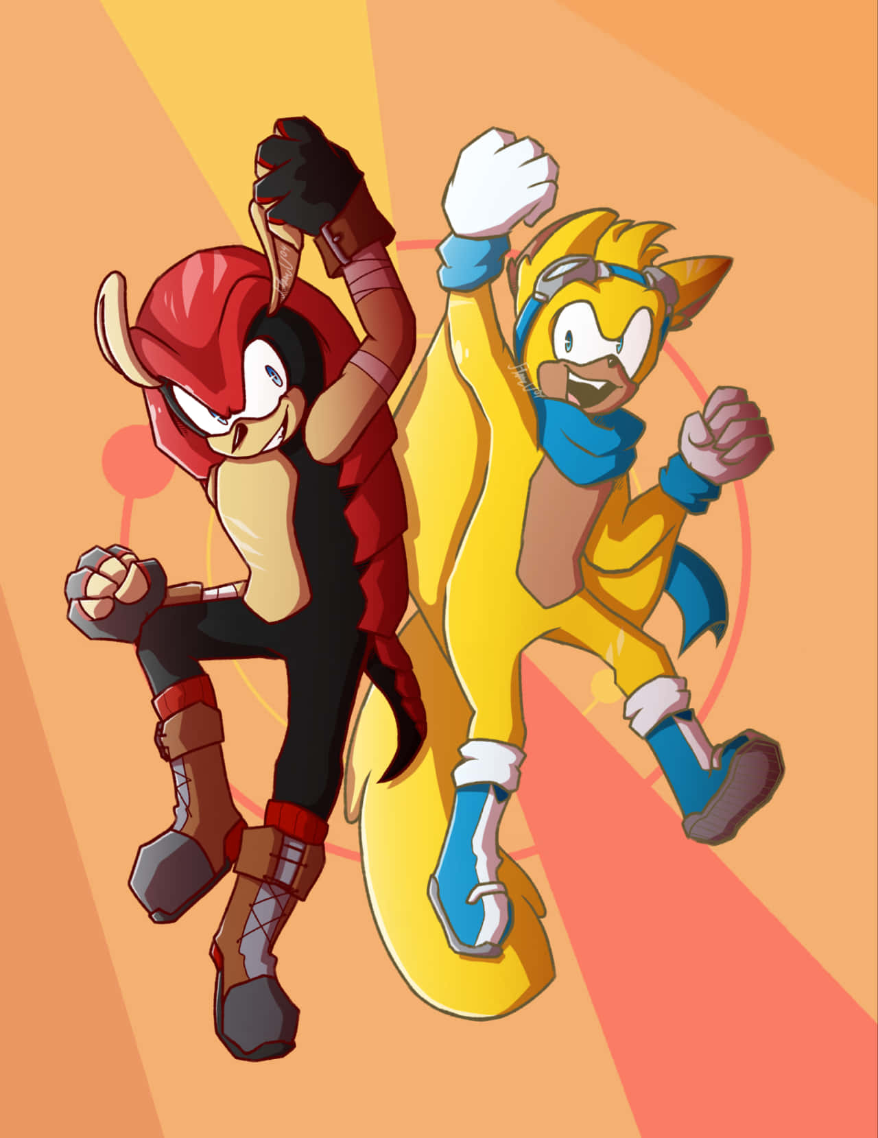 Mighty The Armadillo 桌布 壁紙 — 兩個動畫角色以動態姿勢呈現，背景為溫暖漸變色並帶有放射光線。