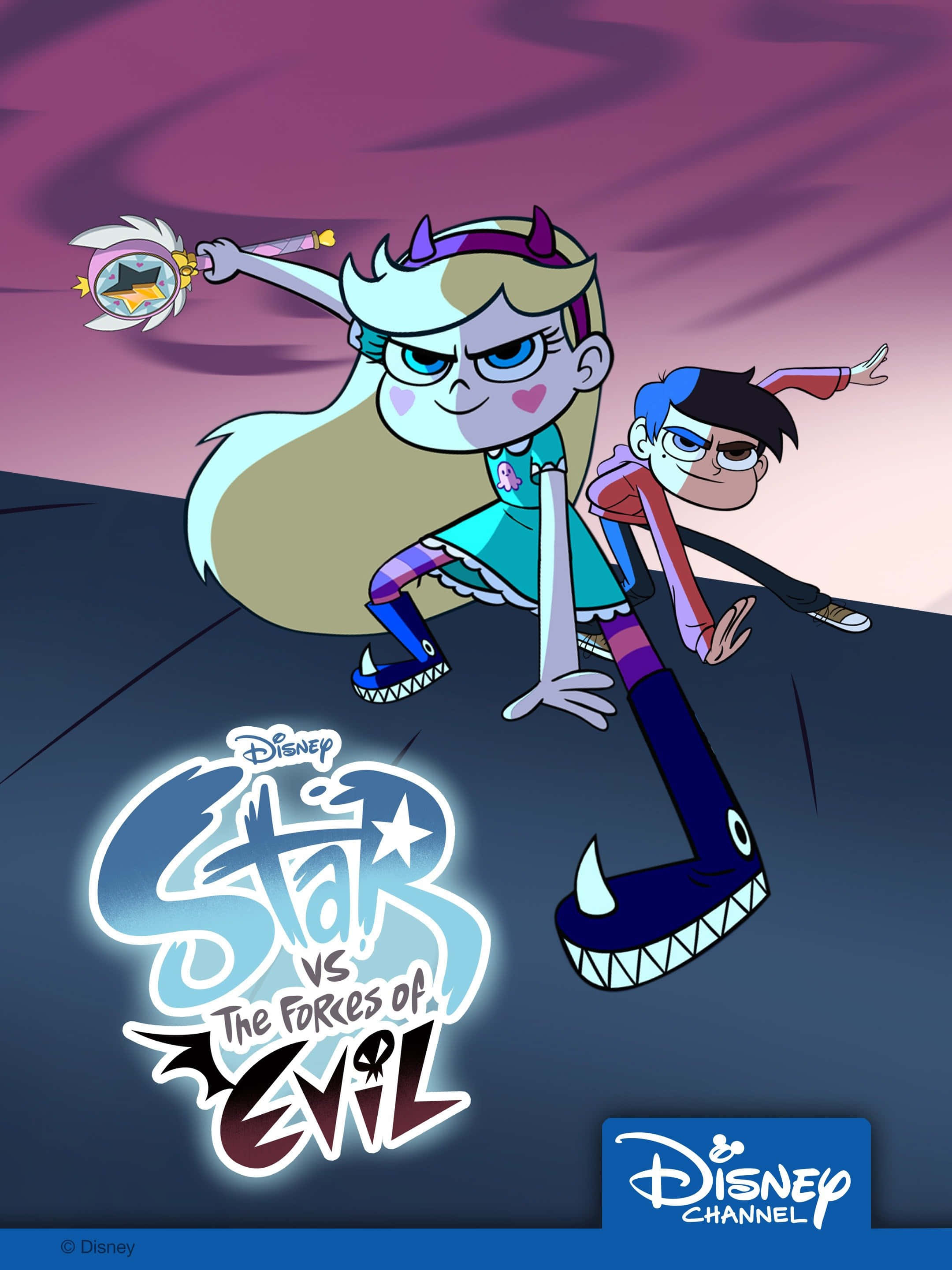Star Vs The Forces Of Evil 桌布 壁紙 — 兩個動畫角色以動態姿勢手持發光魔杖，背景是旋轉的紫色天空。