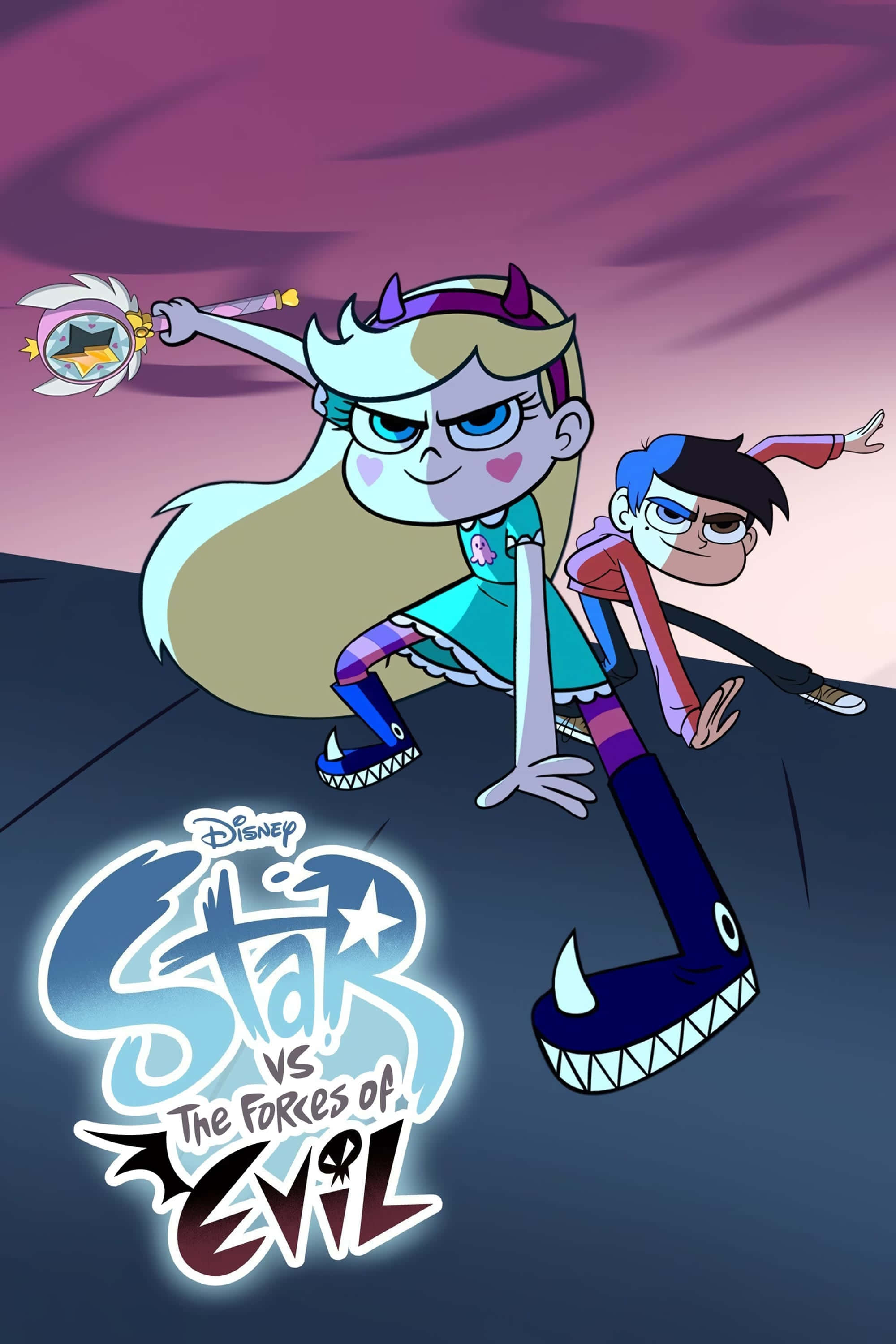 Star Vs The Forces Of Evil 桌布 壁紙 — 兩個動畫角色以動態姿勢手持魔法棒，背景是旋轉的紫色天空。