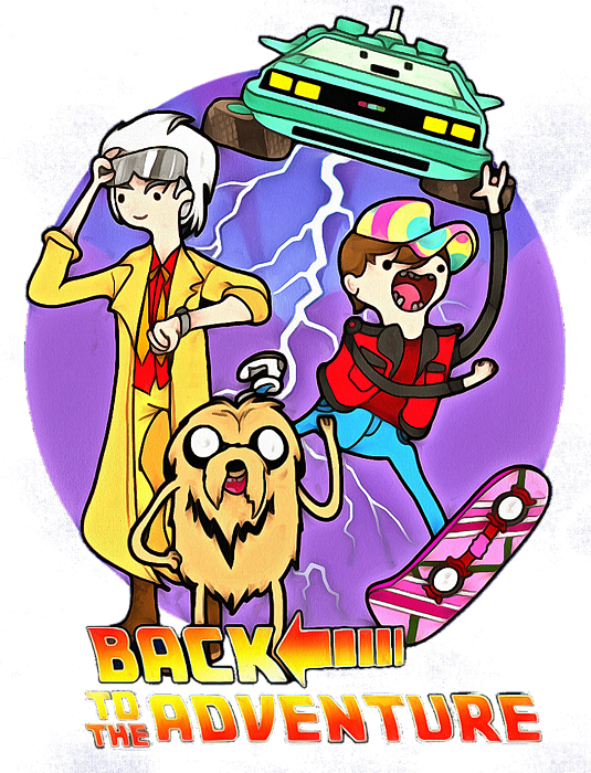 回到未來 桌布 壁紙 — 兩個動畫角色和一隻狗興奮地擺姿勢，背景是紫色閃電佈滿的天空，有一輛飛行的DeLorean和滑板。