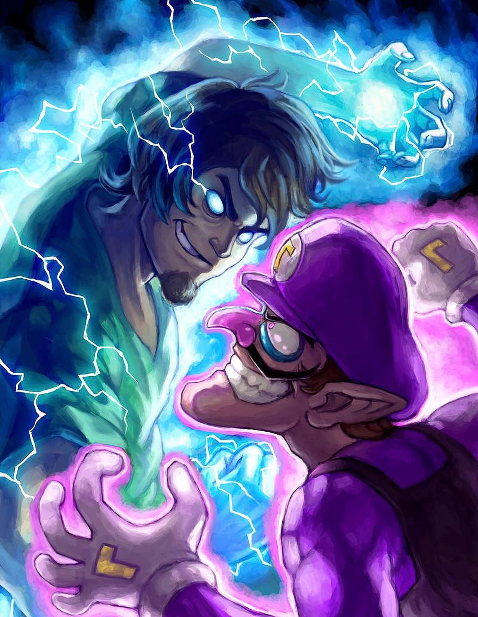 Shaggy 桌布 壁紙 — 兩個動畫角色在充滿活力的數位戰鬥場景中，以發光的能量和閃電碰撞。