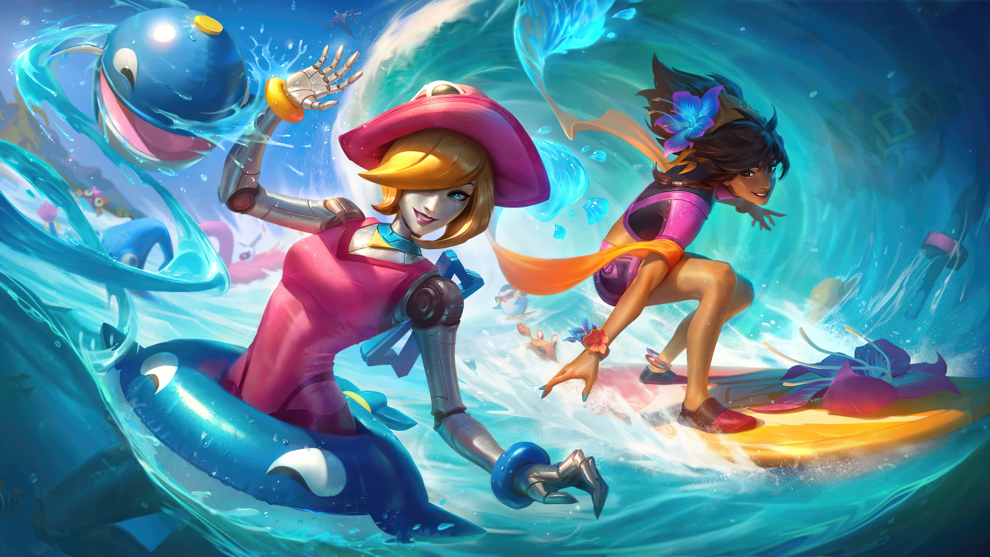 Beach Games 桌布 壁紙 — 兩個動畫角色在充滿活力的海浪上衝浪，伴隨著頑皮的海豚和發光的水效果。