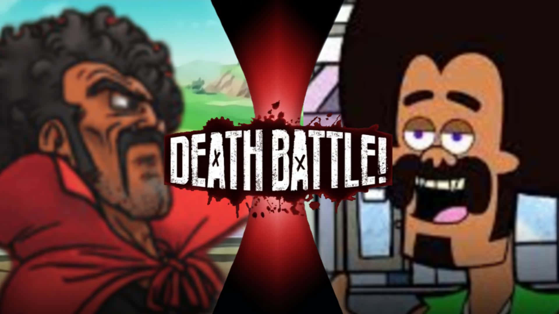 Hercule Satan 桌布 壁紙 — 兩個動畫角色在帶有「Death Battle!」標誌的戲劇性分割畫面戰鬥場景中對峙。