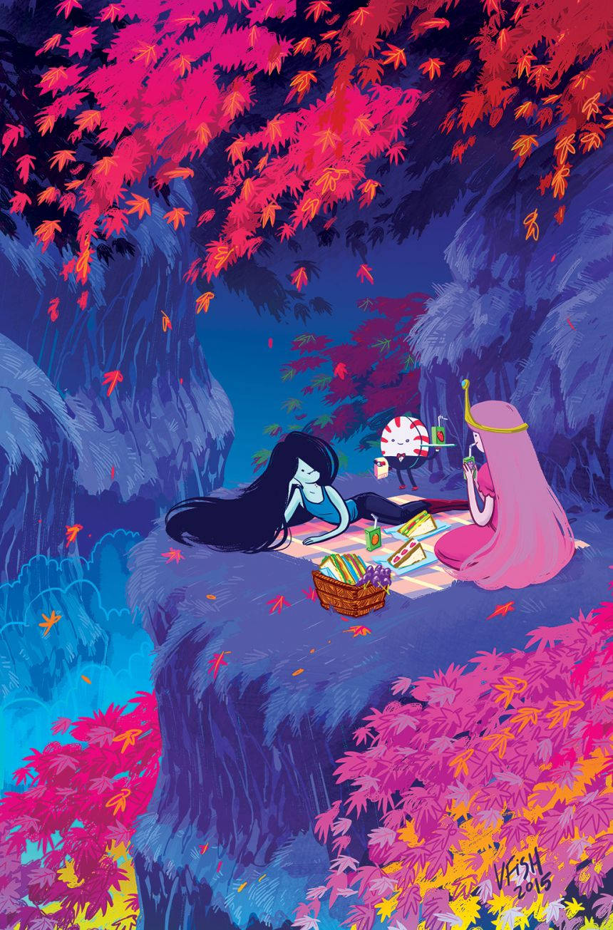 Princess 桌布 壁紙 — 兩個動畫角色在懸崖邊野餐，背景是鮮豔的粉紅色和橙色秋葉，營造出超現實的暮色氛圍。