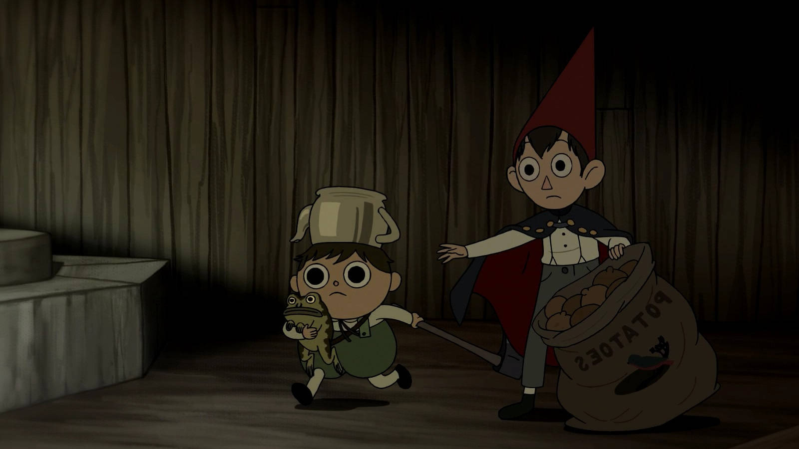 over the garden wall 桌布 壁紙 — 兩個動畫角色在昏暗的木房間裡，一個背著標有馬鈴薯的袋子，另一個拿著青蛙和水桶。