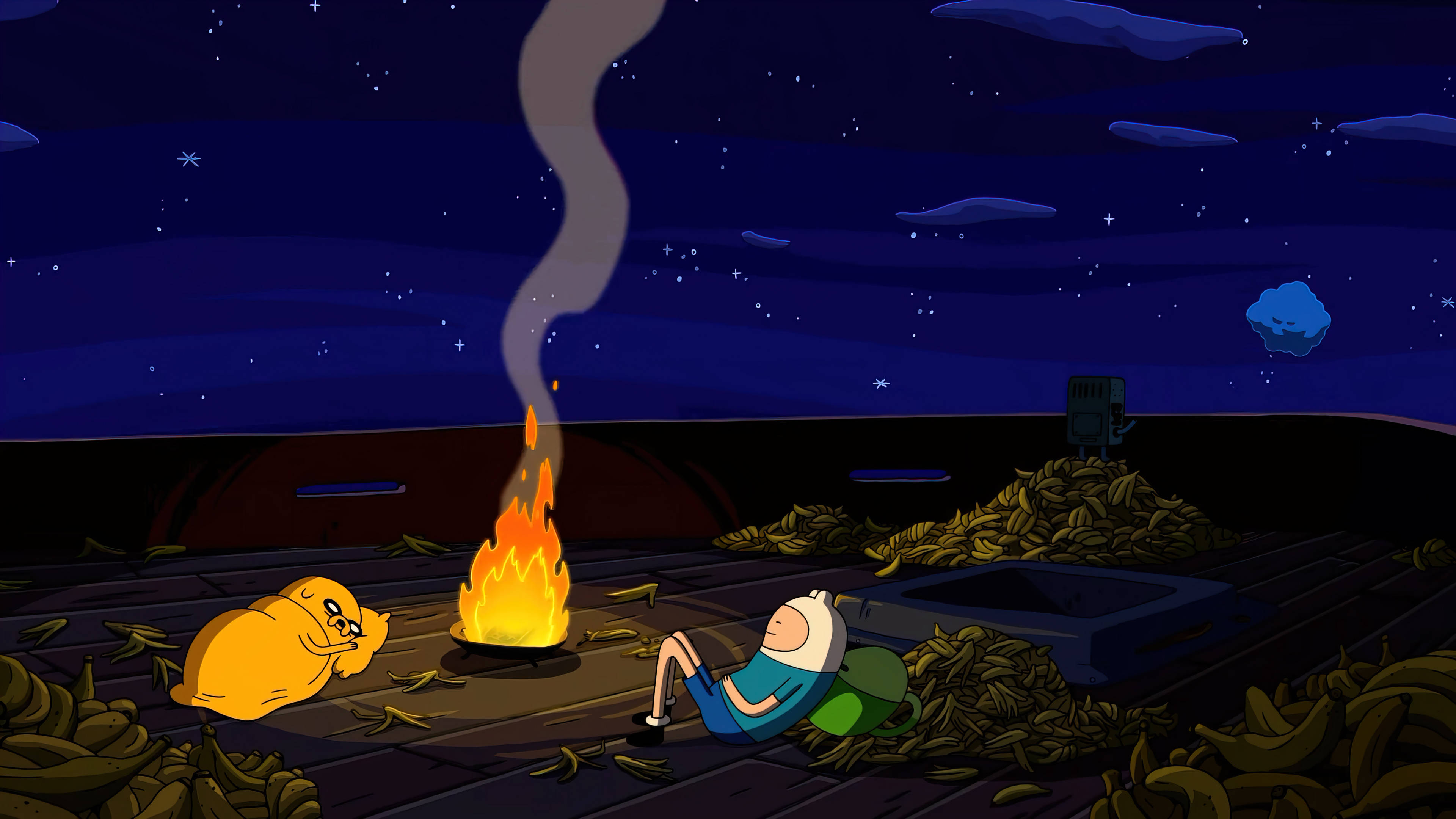 adventure 桌布 壁紙 — 兩個動畫角色在星空下的營火旁邊放鬆，周圍是香蕉皮。