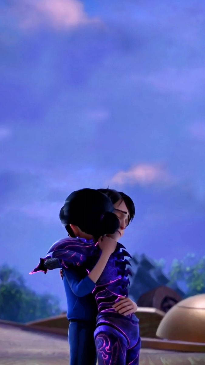 trollhunters tales of arcadia 桌布 壁紙 — 兩個動畫角色在暮色天空下溫柔擁抱，背景有柔和的紫色雲朵。