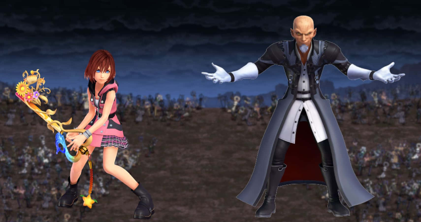 Kingdom Hearts Xehanort 桌布 壁紙 — 兩個動畫角色在暴風雨天空下的黑暗戰場上對峙，一個揮舞著發光的鑰刃，另一個穿著長外套，雙臂張開。