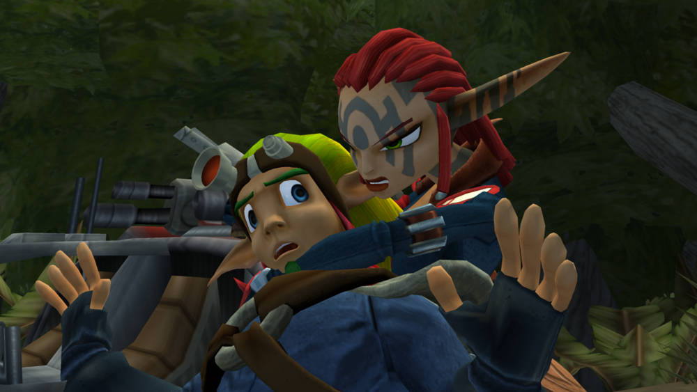 Jak 3 桌布 壁紙 — 兩個動畫角色在森林中，一個紅髮有角的人手持武器，另一個看起來很驚訝。