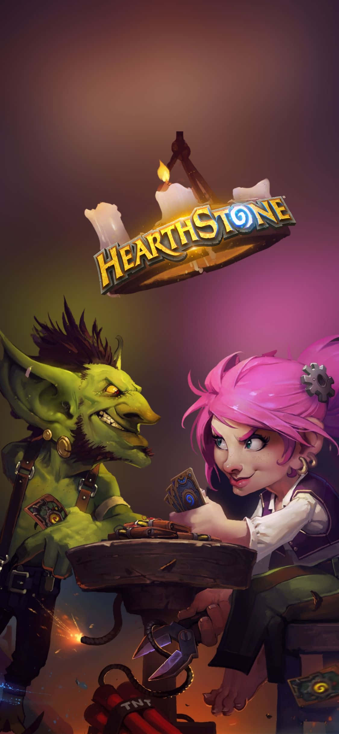 game 桌布 壁紙 — 兩個動畫角色在燭光招牌下的發光桌子上玩爐石戰記。