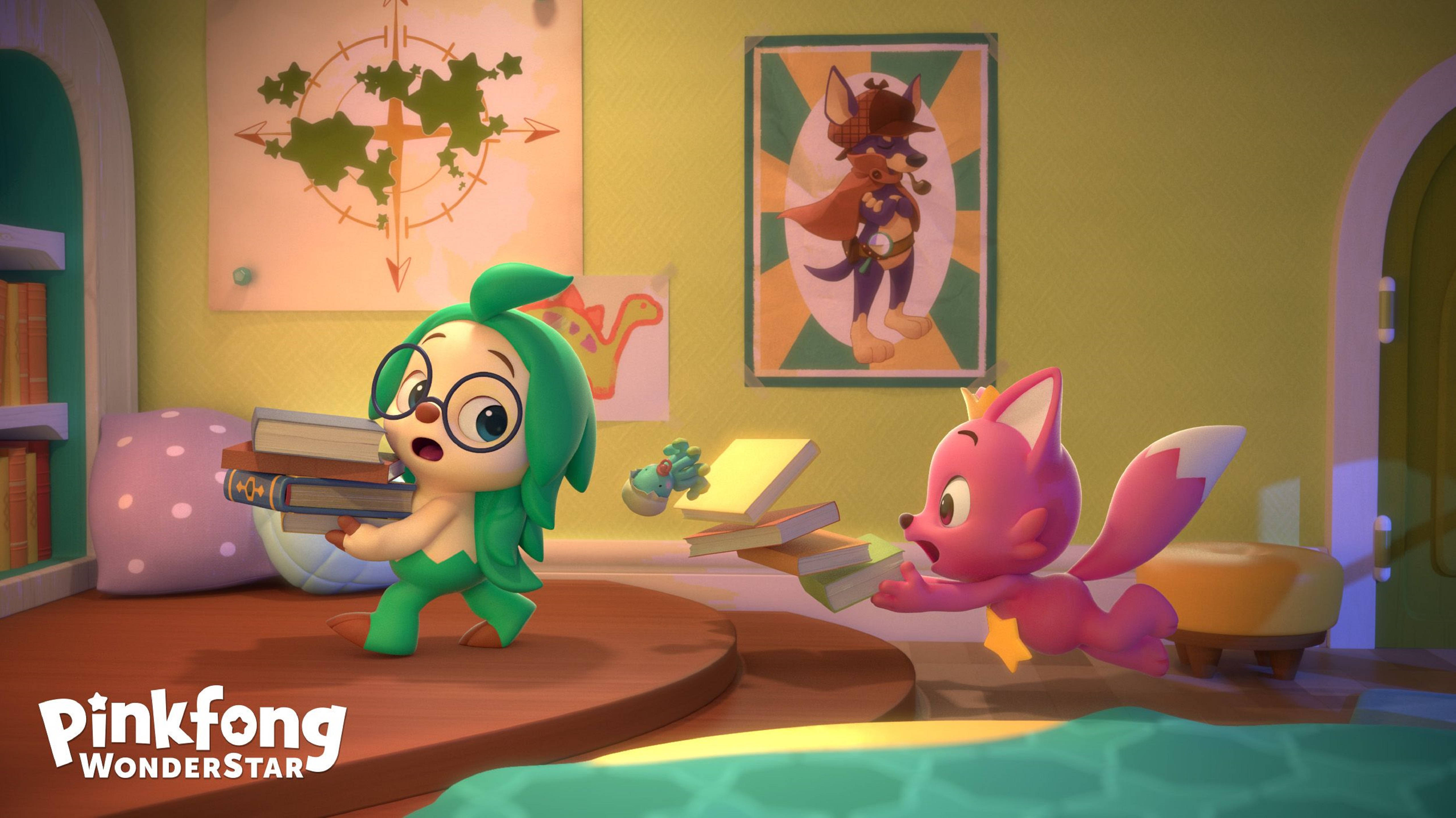 Pinkfong 桌布 壁紙 — 兩個動畫角色在舒適的臥室中——一個綠色戴眼鏡拿著書，另一個粉紅色狐狸般的生物正在跳躍，書本飛揚。