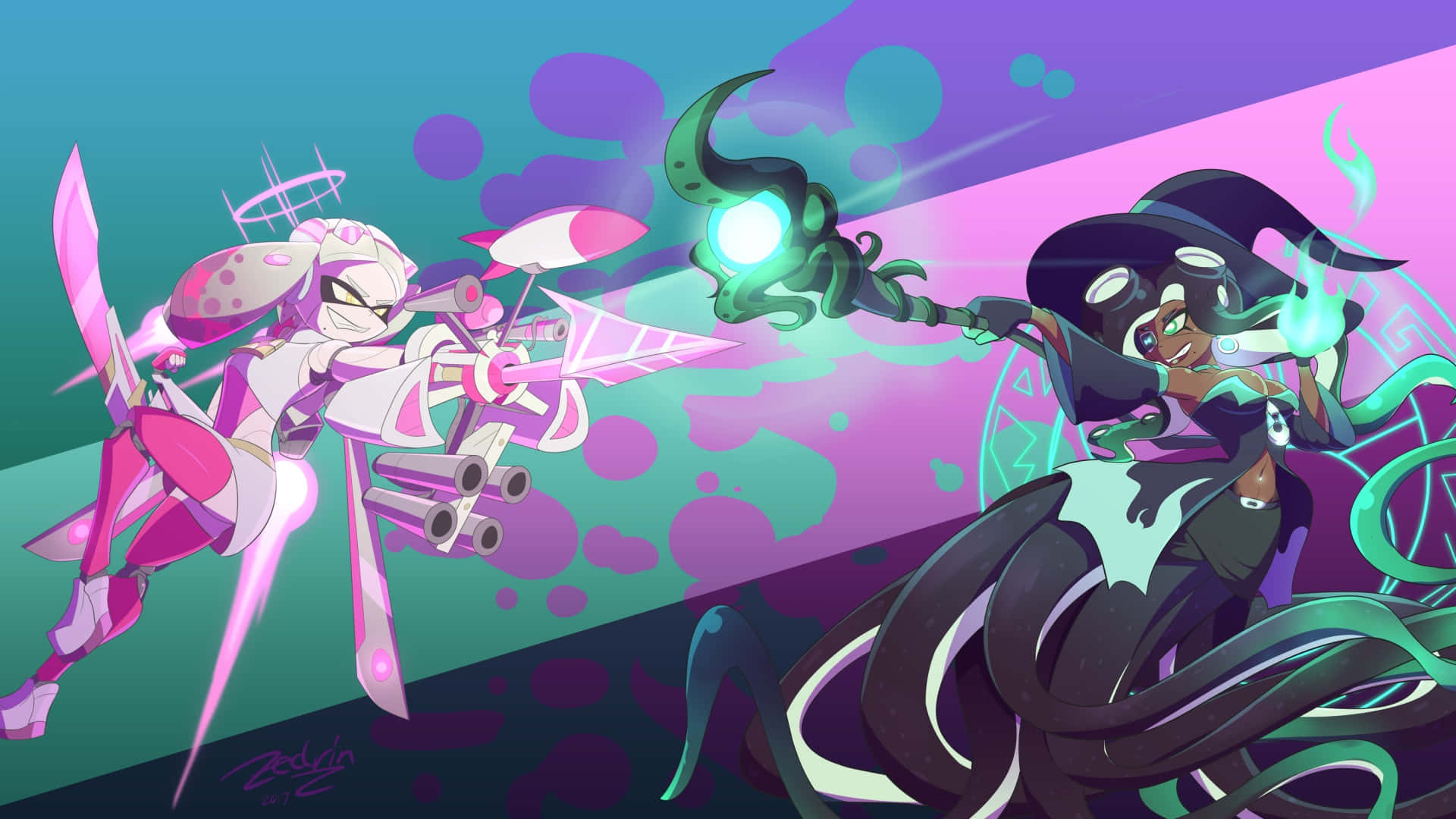 splatoon 2 桌布 壁紙 — 兩個動畫角色在迷幻的紫色和青色背景上，用發光的武器進行激烈的戰鬥。