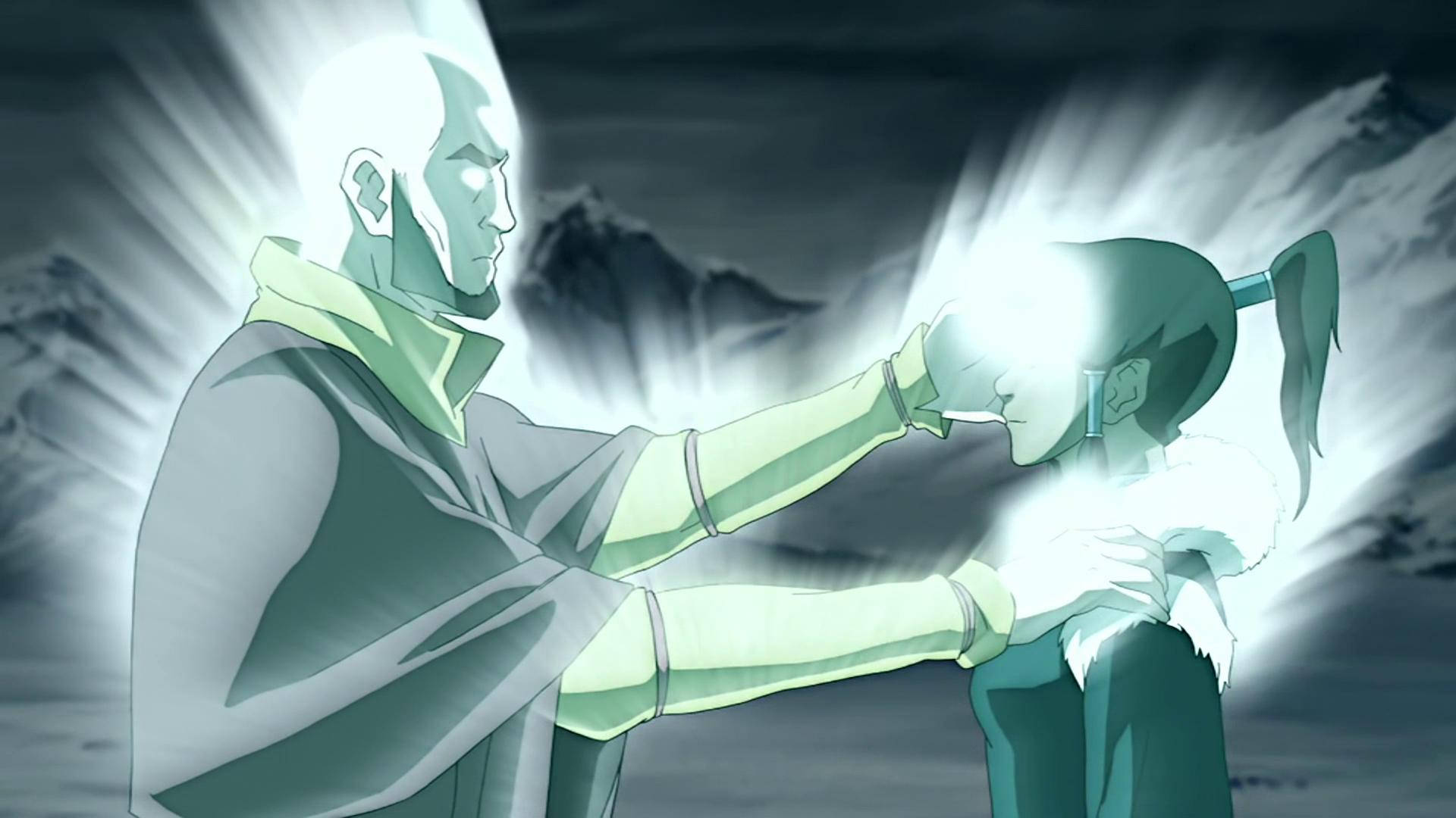 Korra 桌布 壁紙 — 兩個動畫角色在雪山背景下觸碰雙手，散發出綠色能量。