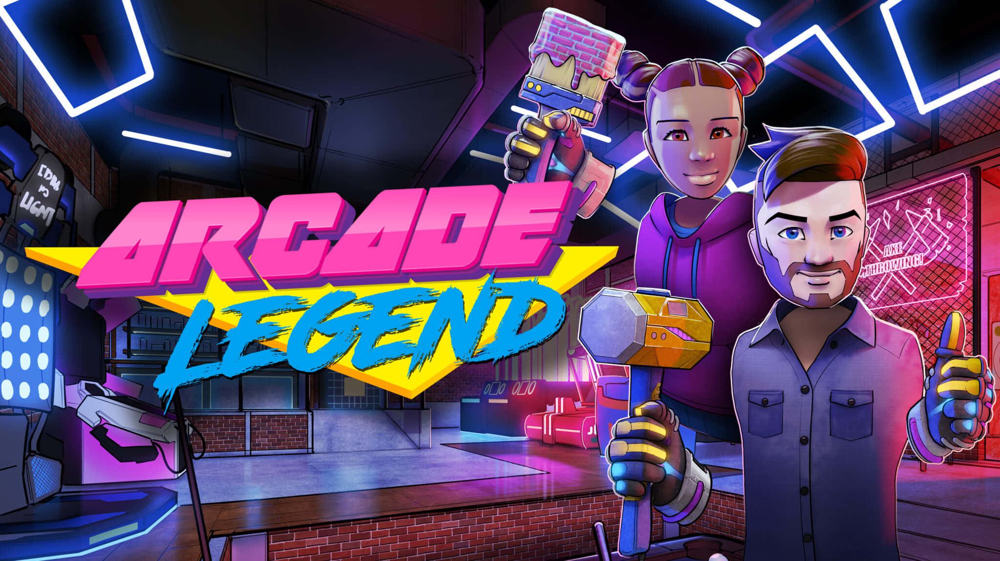 Arcade Games 桌布 壁紙 — 兩個動畫角色在霓虹燈閃爍的遊戲機中心，於發光招牌下拿著錘子和畫筆。
