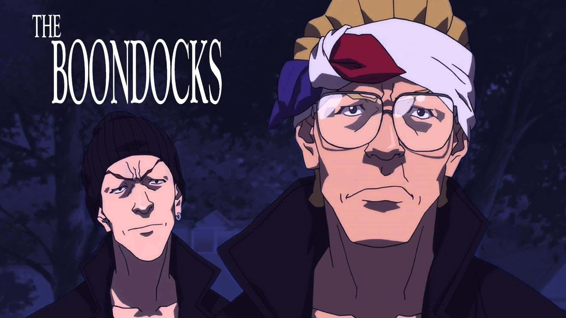 鄉村 桌布 壁紙 — 兩個動畫角色帶著強烈的表情，在標題 The Boondocks 下站在黑暗的夜晚背景前。