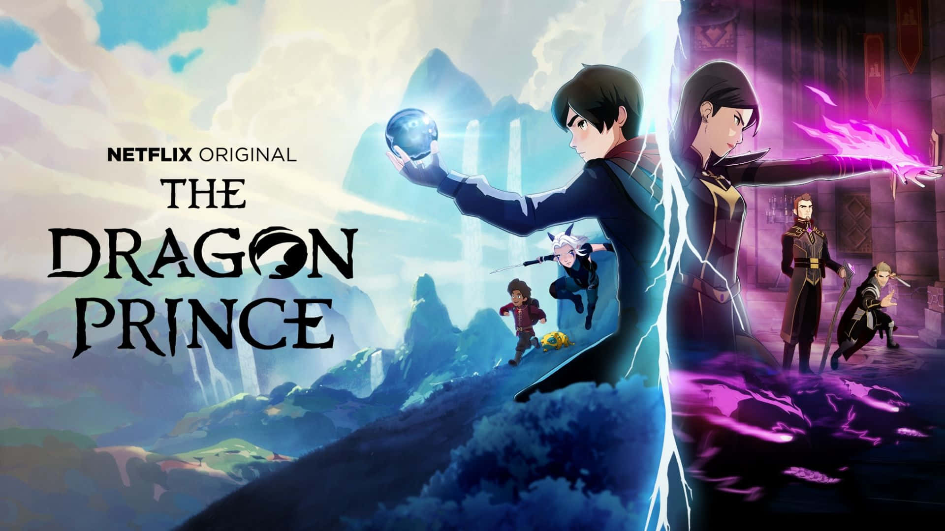 The Dragon Prince 桌布 壁紙 — 兩個動畫角色施展魔法——一個帶有發光球體，另一個帶有紫色火焰——以山脈和黑暗城堡的分裂背景為襯托。