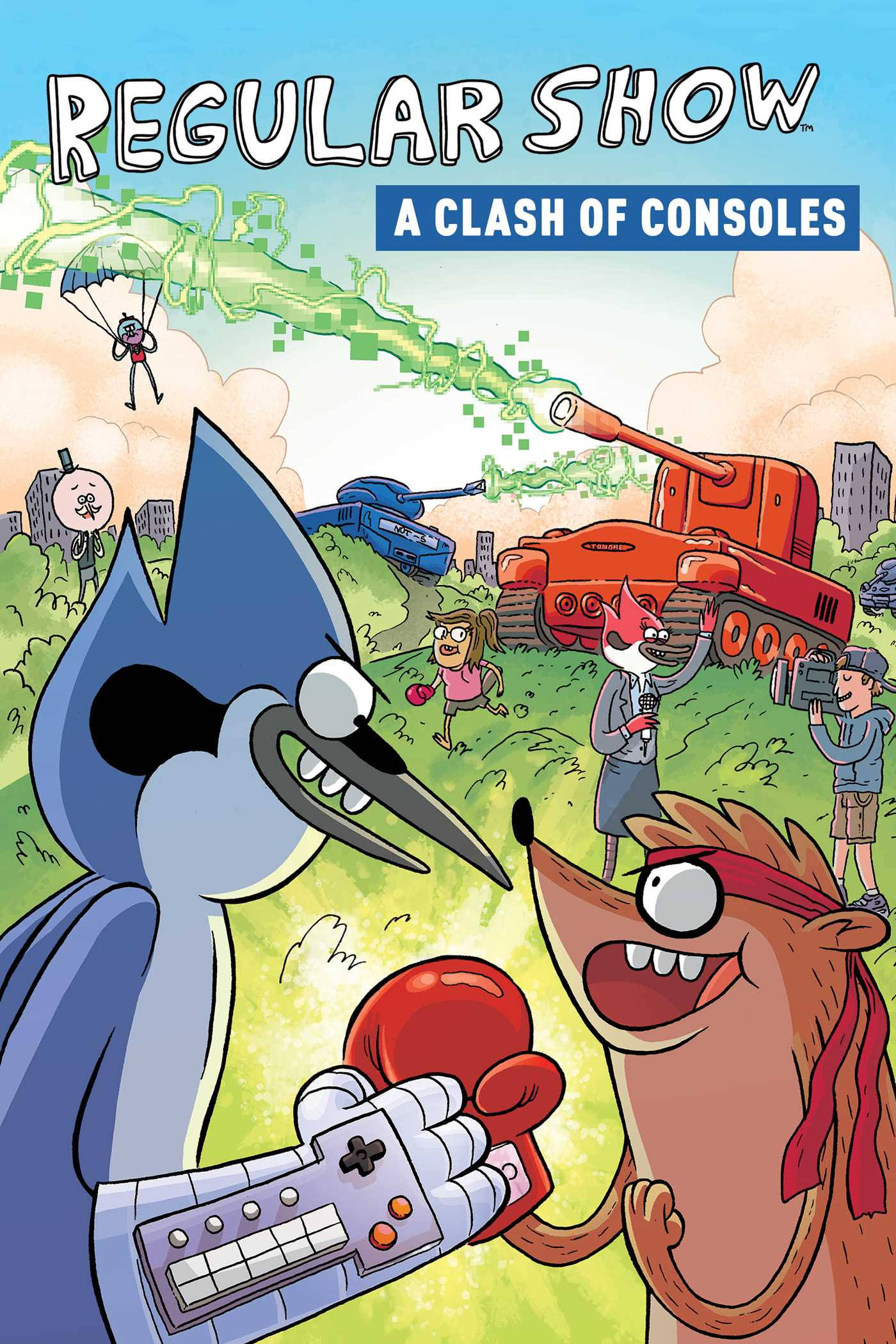 mordecai and rigby 桌布 壁紙 — 兩個動畫角色用遊戲控制器作為坦克打鬥，一個跳傘者在混亂的卡通城市景觀中戰鬥。