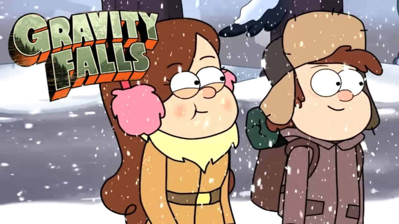 神秘小鎮大冒險 桌布 壁紙 — 兩個動畫角色穿著冬季外套站在飄雪中，背後有 Gravity Falls 標誌。