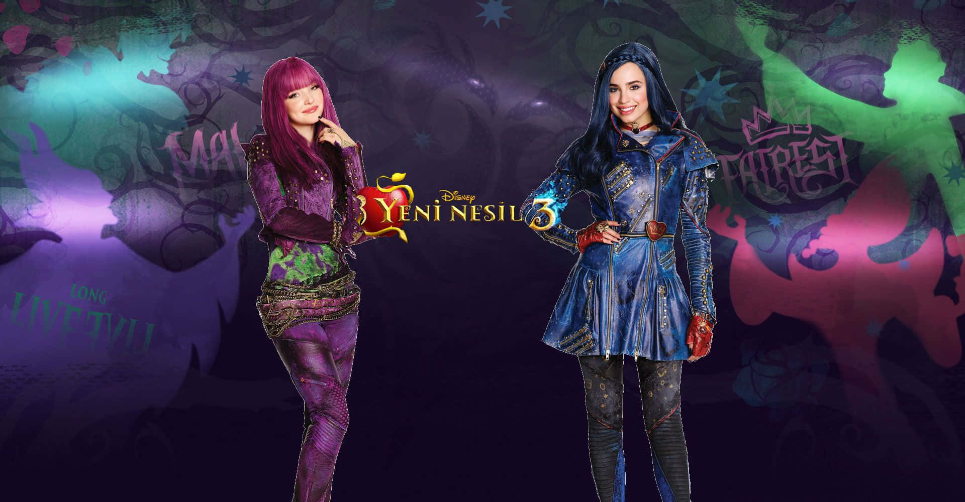 Descendants 桌布 壁紙 — 兩個動畫角色穿著奇幻服裝，在帶有發光塗鴉和迪士尼標誌的黑暗魔法背景前擺姿勢。