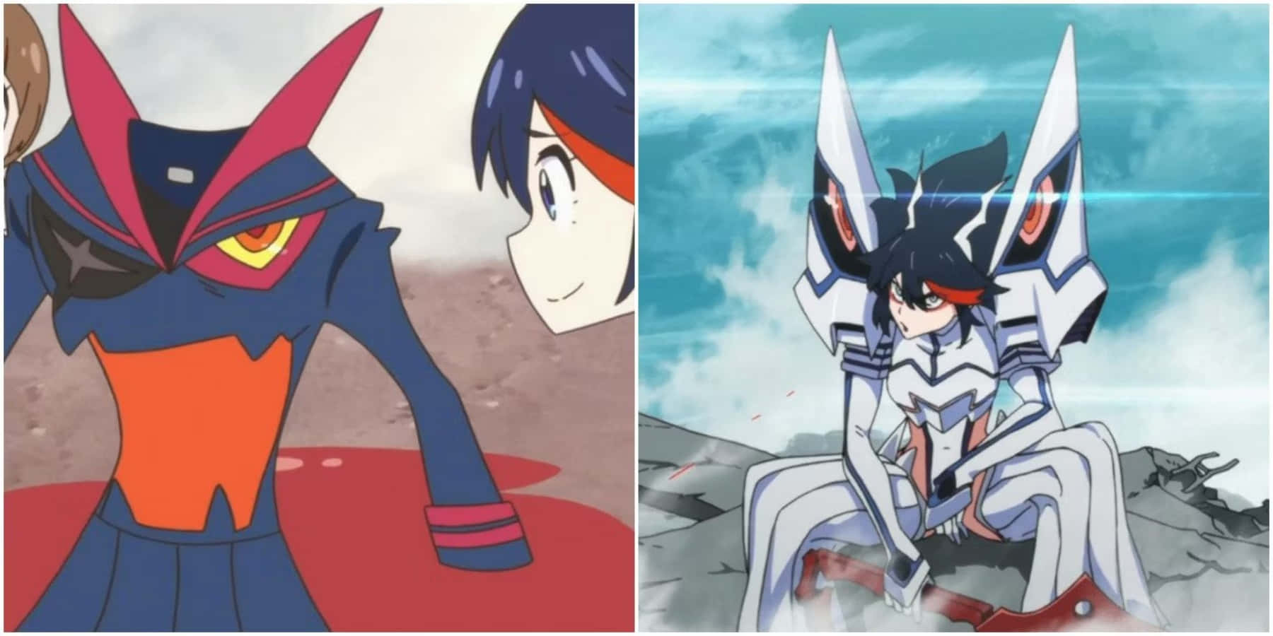 Kill La Kill Senketsu 桌布 壁紙 — 兩個動畫角色穿著機甲服，站在對比鮮明的場景中：一個在紅色地面上，另一個在破碎地形上，天空多雲。