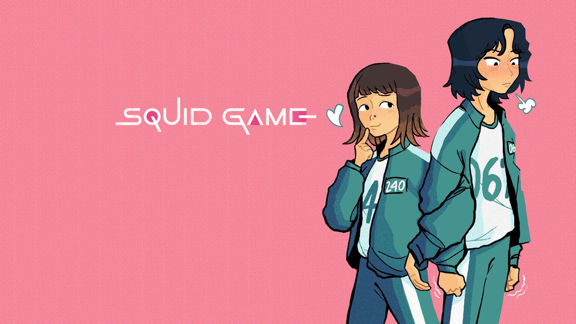 Squid Game 桌布 壁紙 — 兩個動畫角色穿著綠色比賽制服，站在粉紅色紋理背景前，帶有「Squid Game」文字。