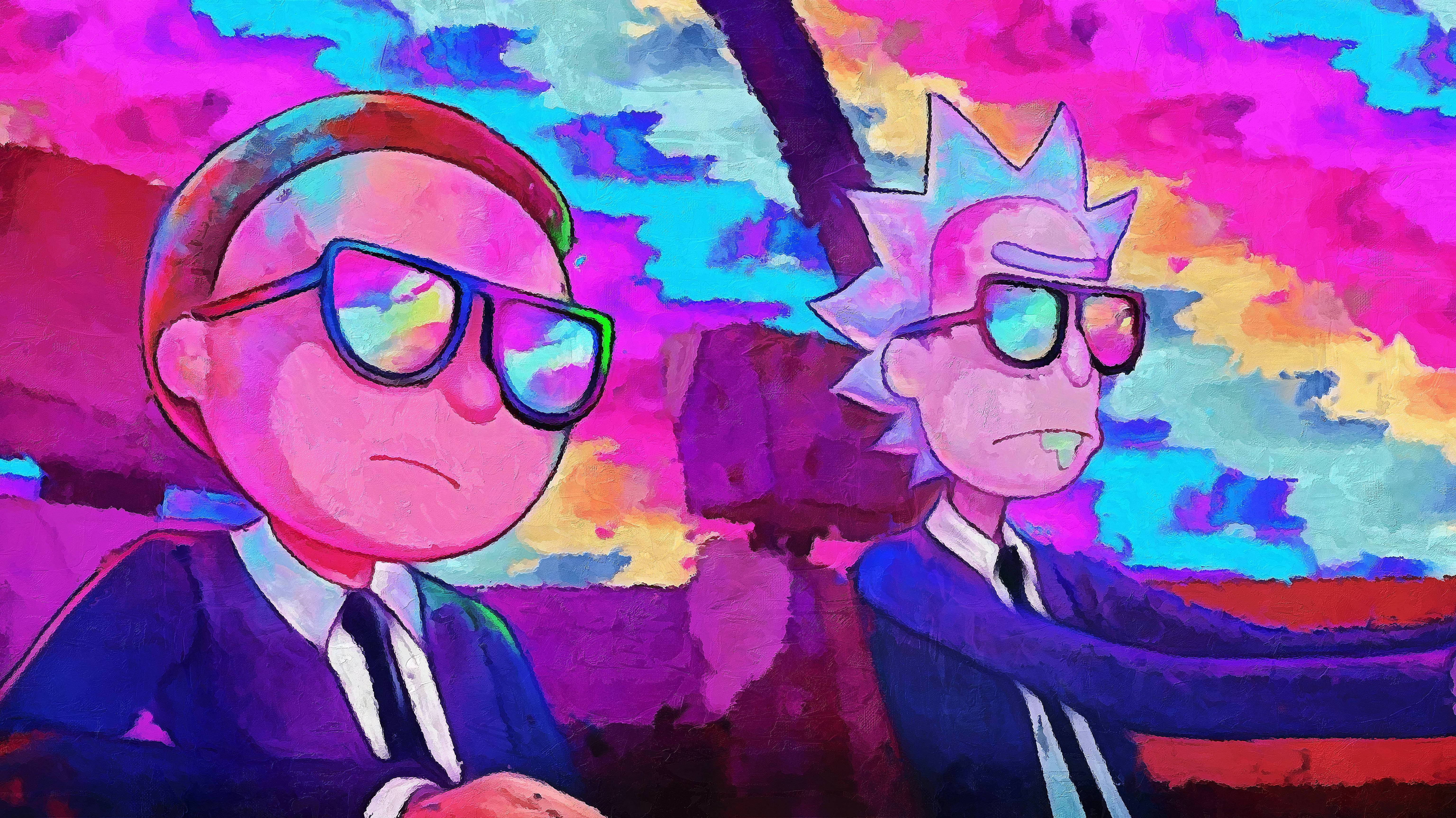 rick 桌布 壁紙 — 兩個動畫角色穿著西裝和太陽眼鏡，坐在充滿活力的迷幻天空前，天空中有旋轉的粉紅色、藍色和橙色色調。
