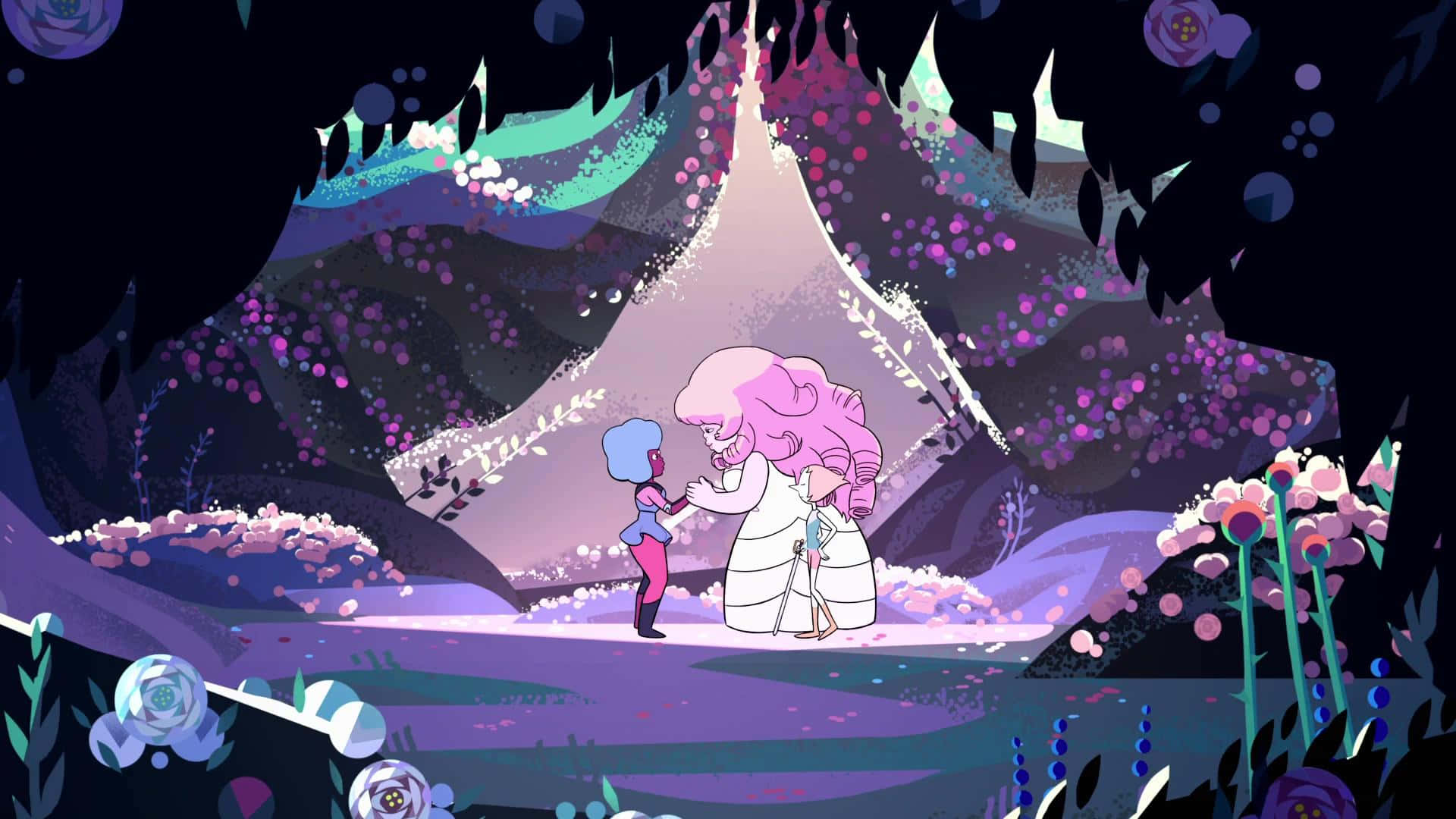 Steven Universe iPad 桌布 壁紙 — 兩個動畫角色站在一個發光的紫色和藍綠色山前，在一個充滿漂浮花朵的奇幻森林中。