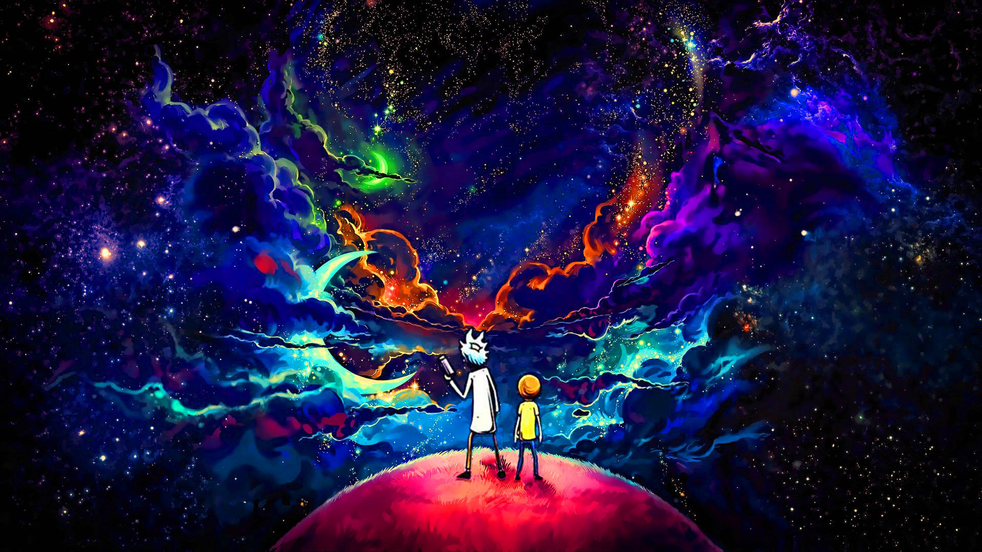 超殺的瑞克和莫蒂 桌布 壁紙 — 兩個動畫角色站在一個紅色星球上，凝視著充滿旋轉藍色、紫色和火熱橙色的充滿活力的宇宙星雲。