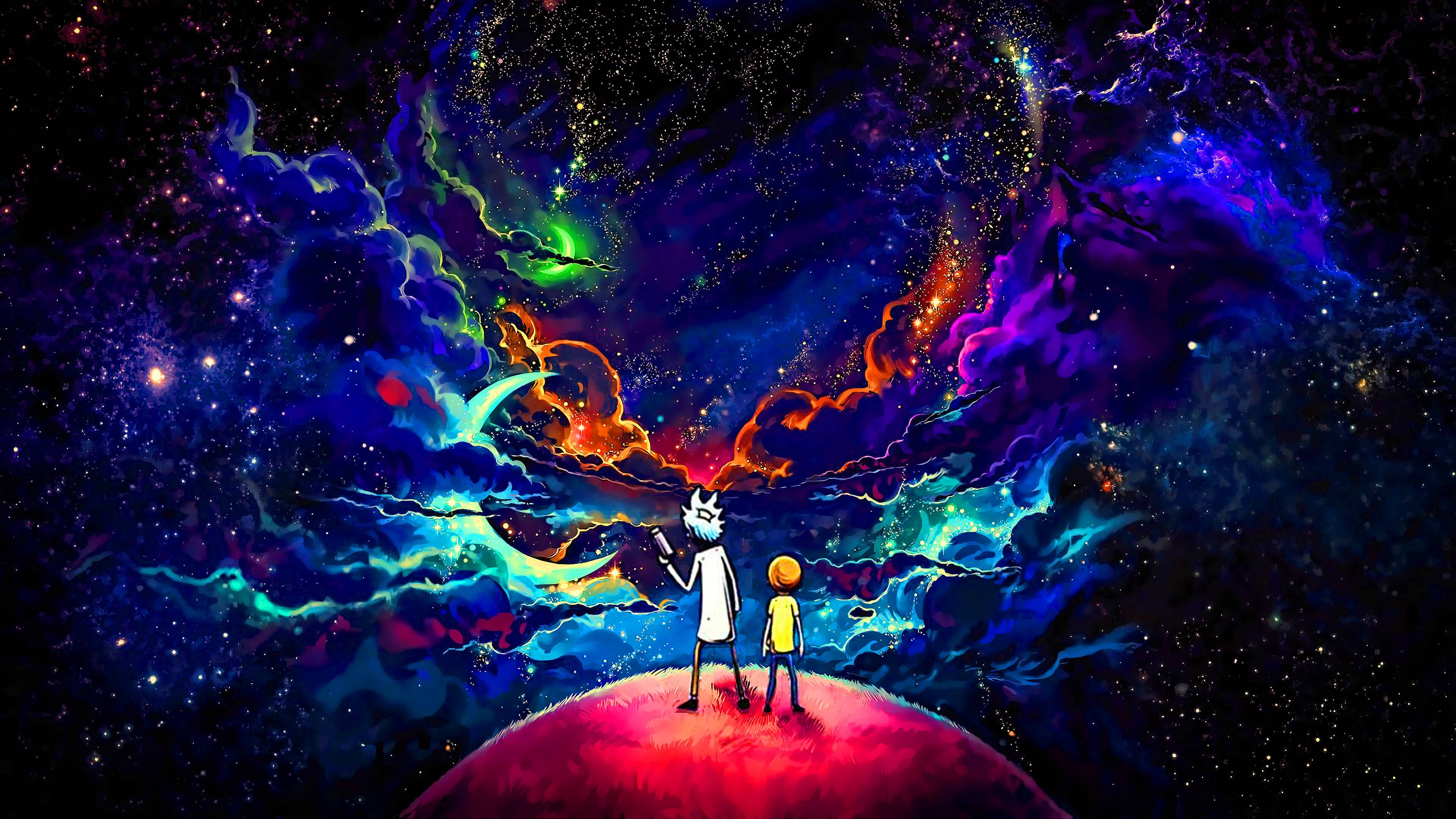Cartoon 桌布 壁紙 — 兩個動畫角色站在一個紅色星球上，凝視著充滿鮮豔星星和發光氣體的旋轉宇宙星雲。