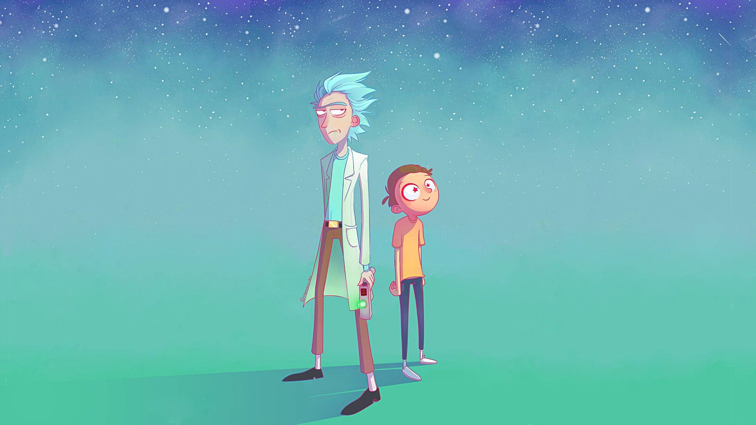 rick 桌布 壁紙 — 兩個動畫角色站在星空宇宙天空下，帶有藍綠色和紫色的漸變色調。