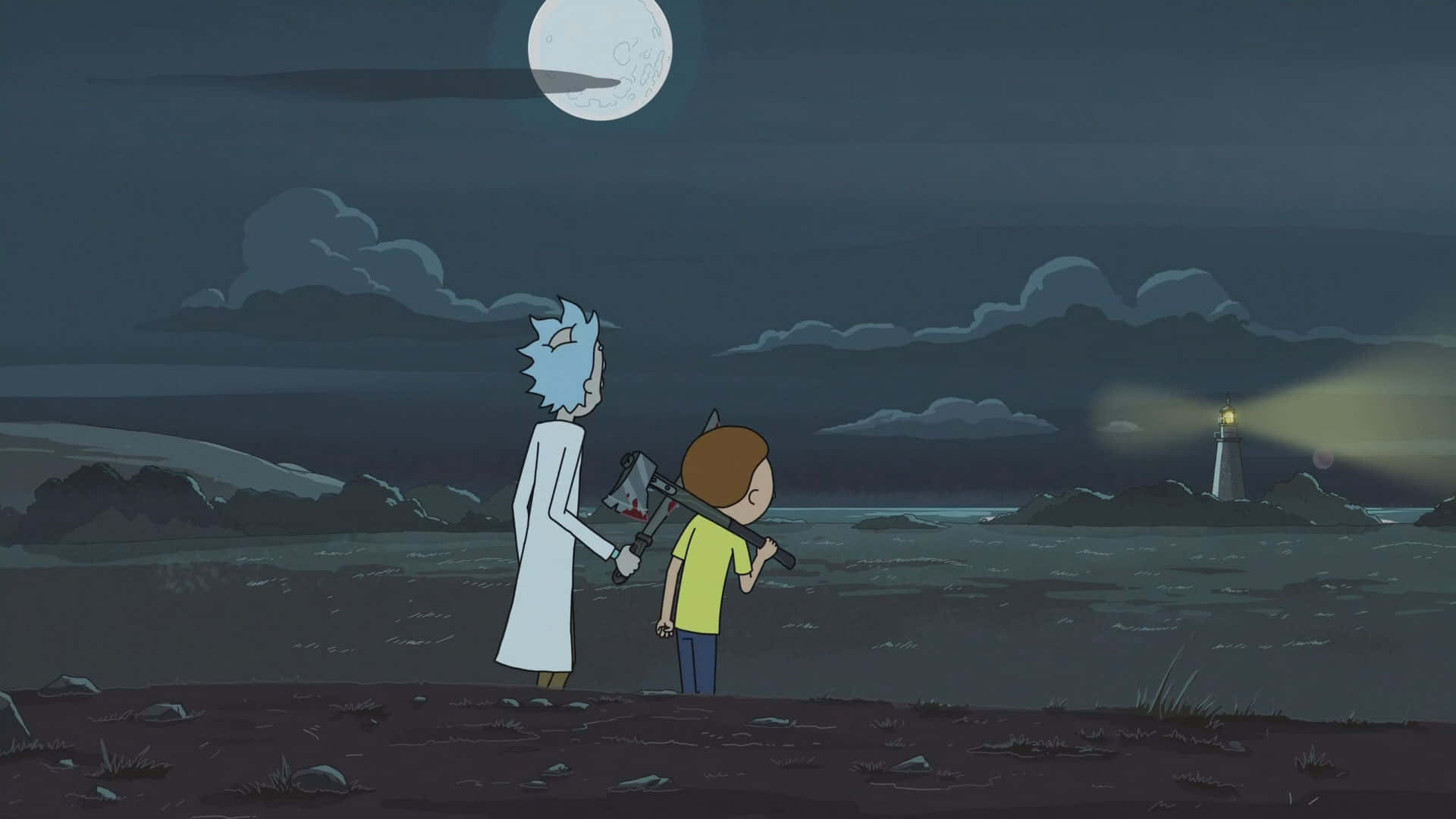 Evil Morty 桌布 壁紙 — 兩個動畫角色站在月光照耀的海灘上，凝視著對岸發光的燈塔。