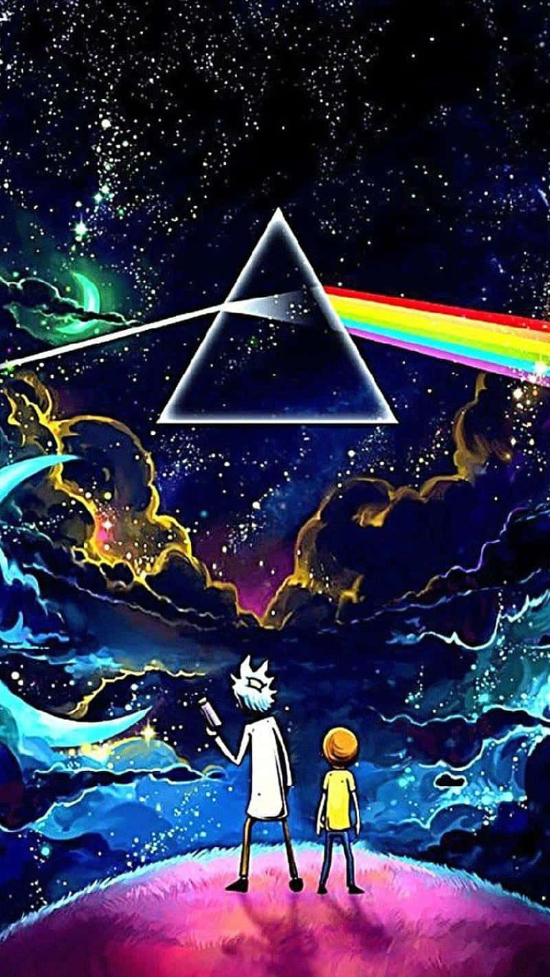 Trippy Galaxy 桌布 壁紙 — 兩個動畫角色站在粉紅色行星上，仰望一個在繁星宇宙天空中折射光線的棱鏡。