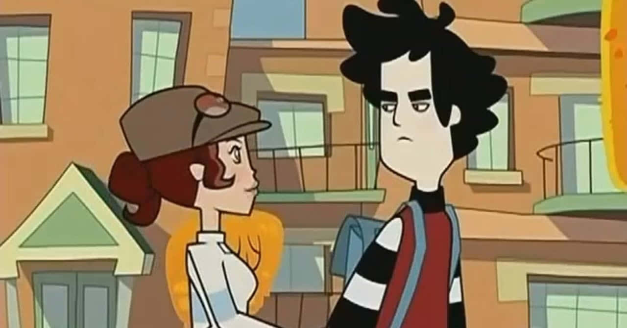 Animated 桌布 壁紙 — 兩個動畫角色站在色彩繽紛的城市街道場景中，身後有建築物。