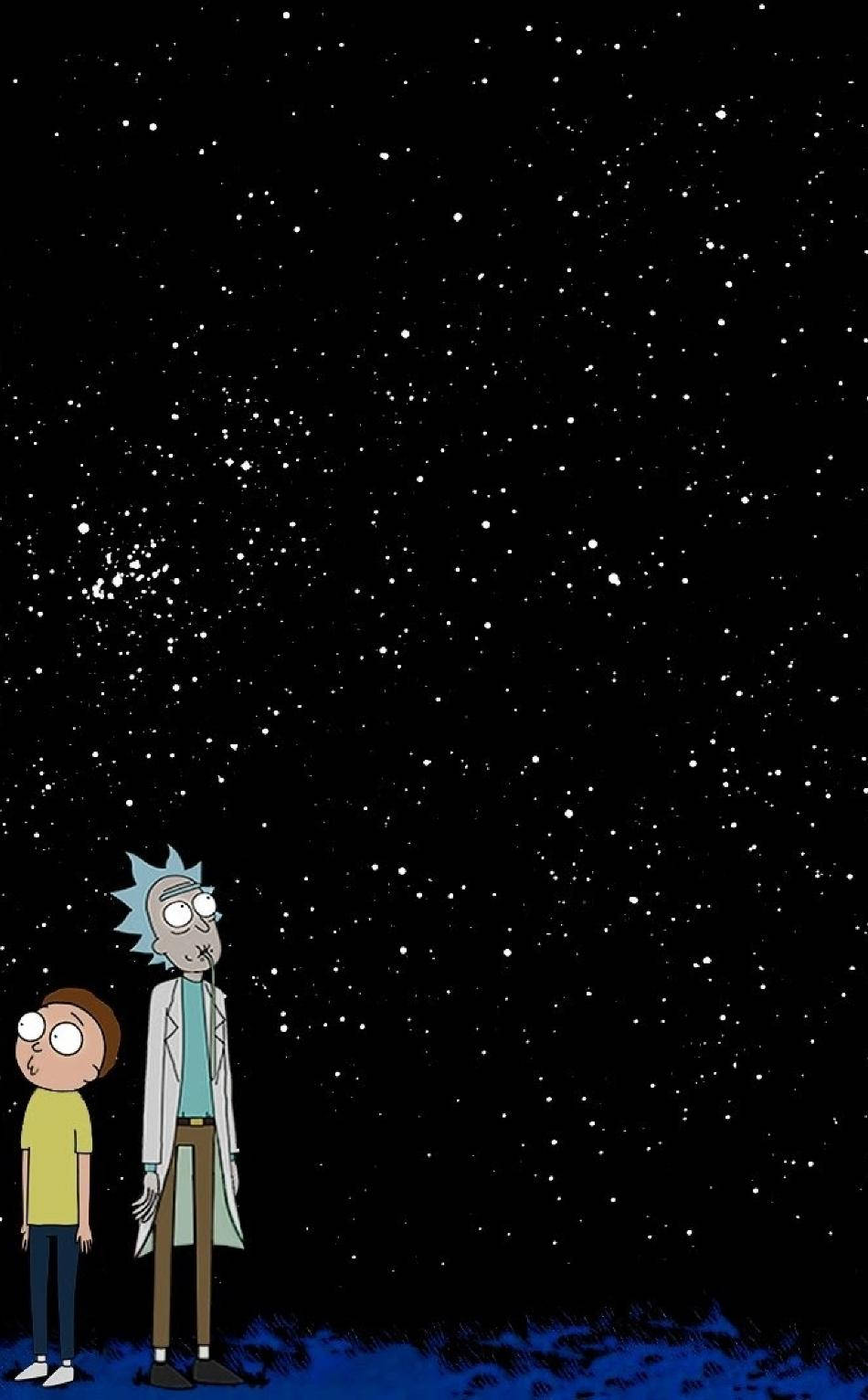 rick 桌布 壁紙 — 兩個動畫角色站在藍色星球表面，仰望廣闊的星空。