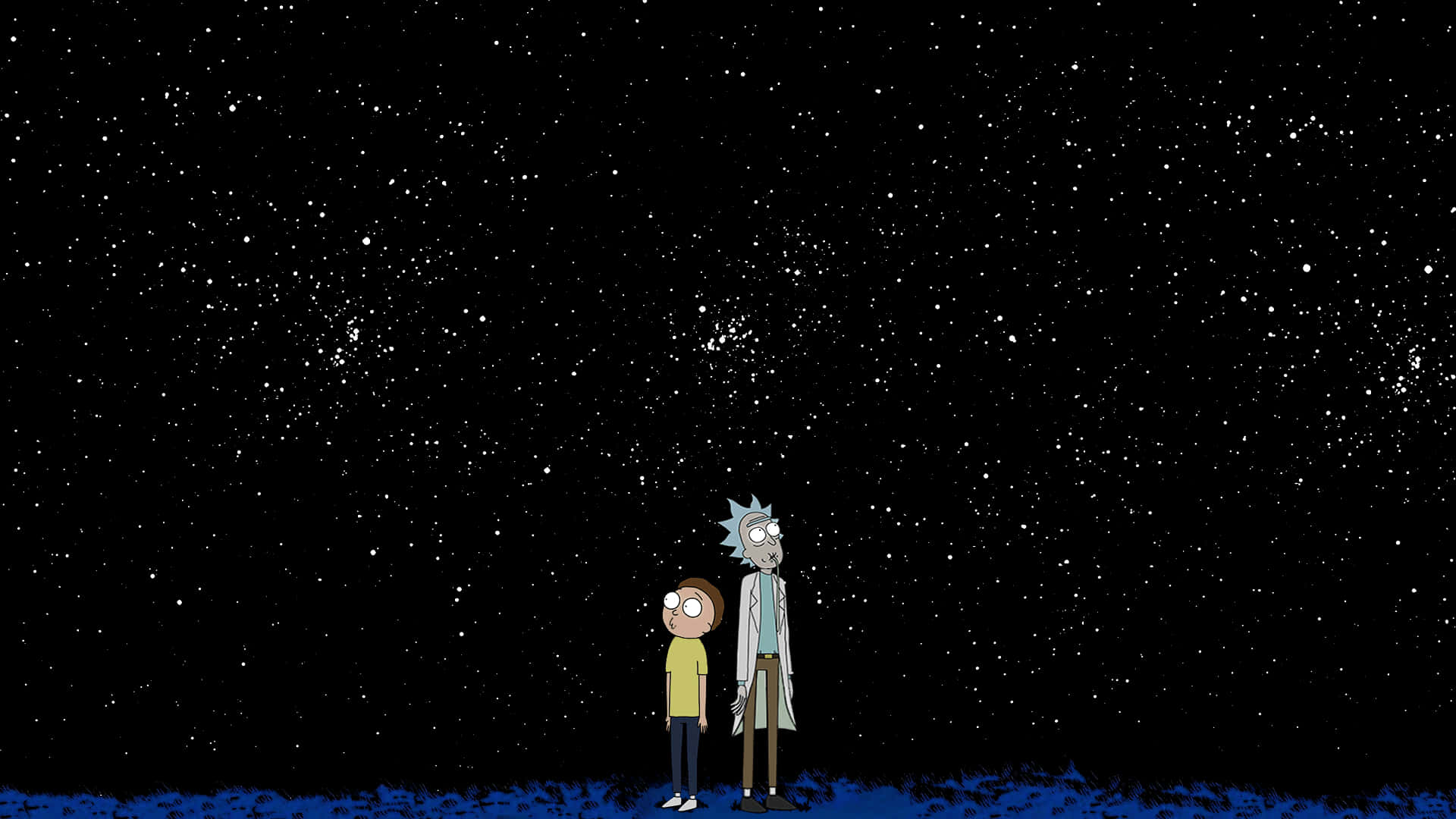 Rick And Morty Backwoods 桌布 壁紙 — 兩個動畫角色站在藍色表面上，仰望廣闊的星空。