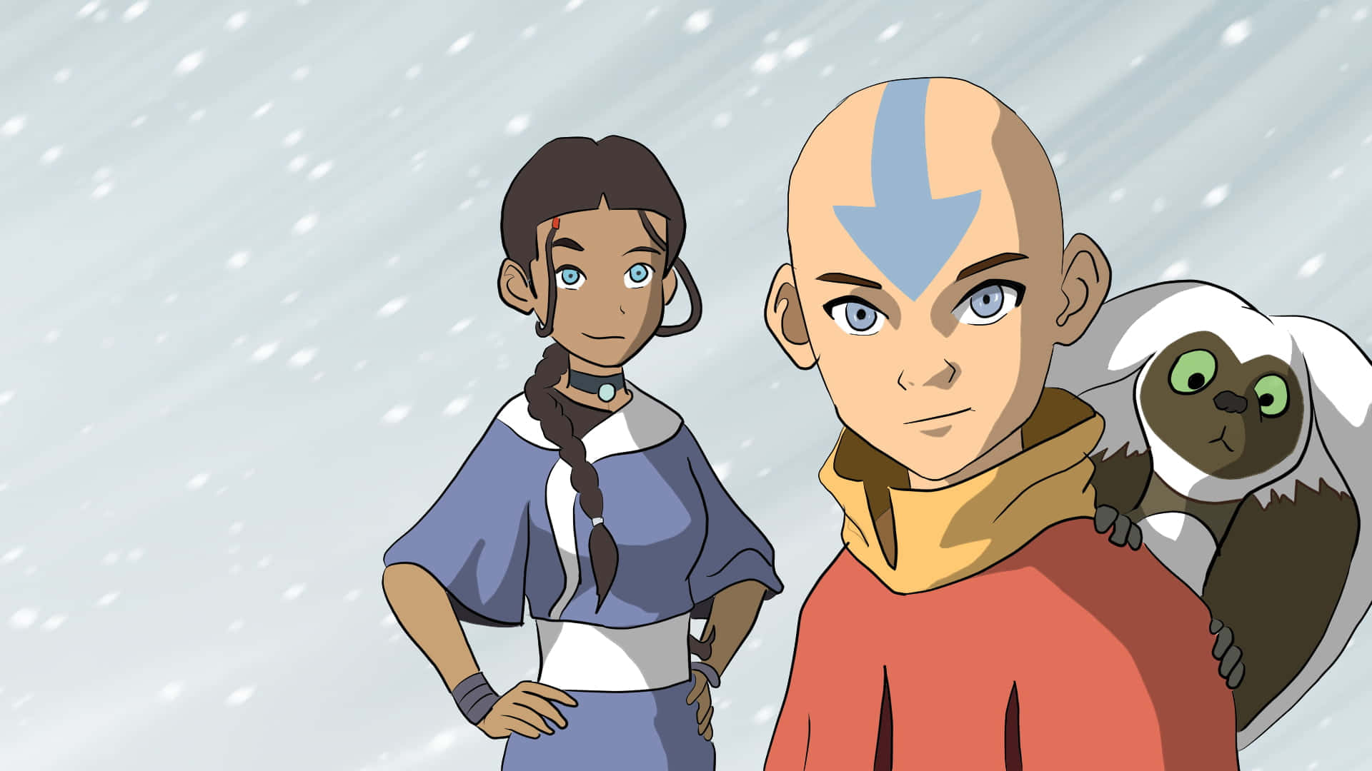 降世神通 最後的氣宗 桌布 壁紙 — 兩個動畫角色站在飄雪中，一個小生物棲息在其中一個肩膀上，背景是冬日景色。
