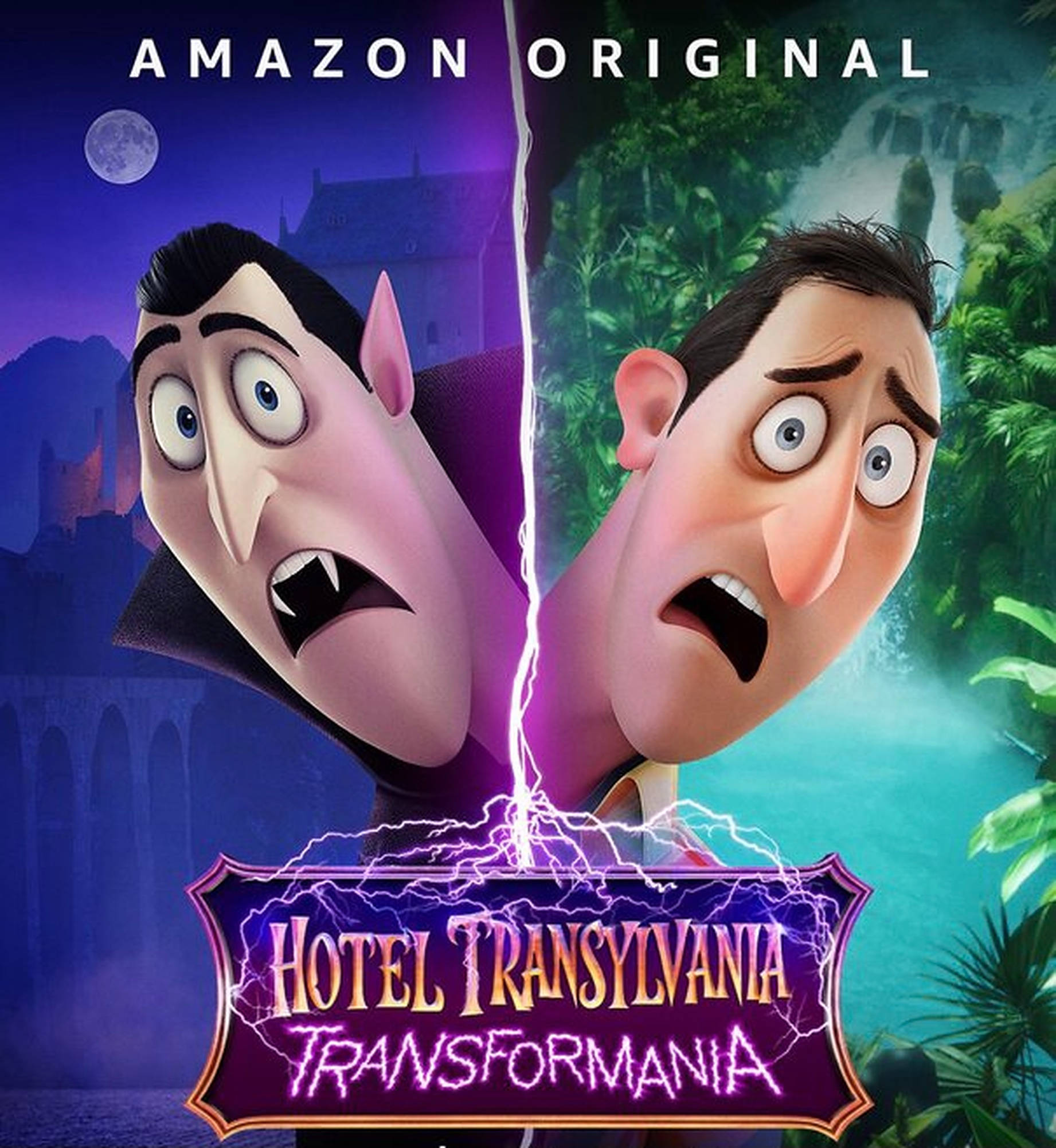hotel transylvania transformania 桌布 壁紙 — 兩個動畫角色被閃電分開，一個是哥德式城堡中的吸血鬼，另一個在叢林中，兩人都震驚並尖叫。